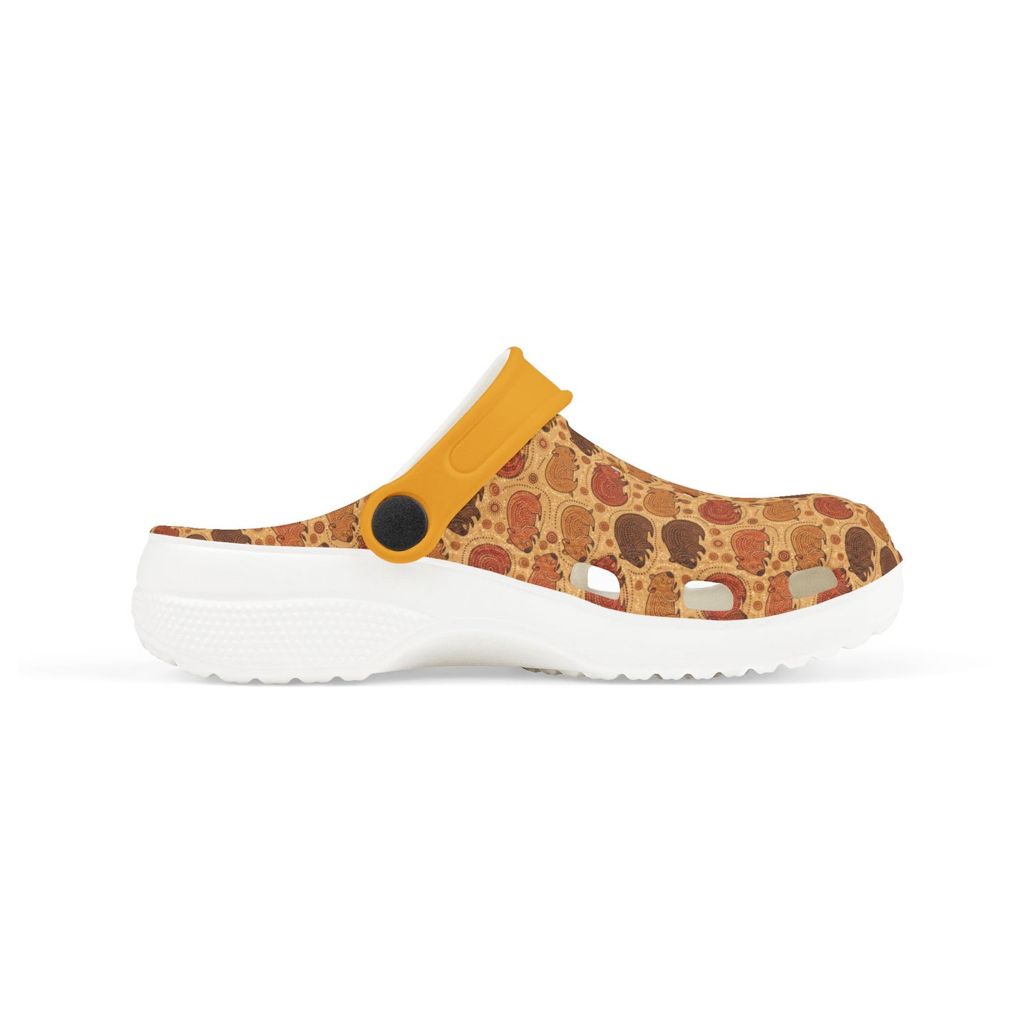 Patterned mule clog with yellow strap and white sole, side profile view.