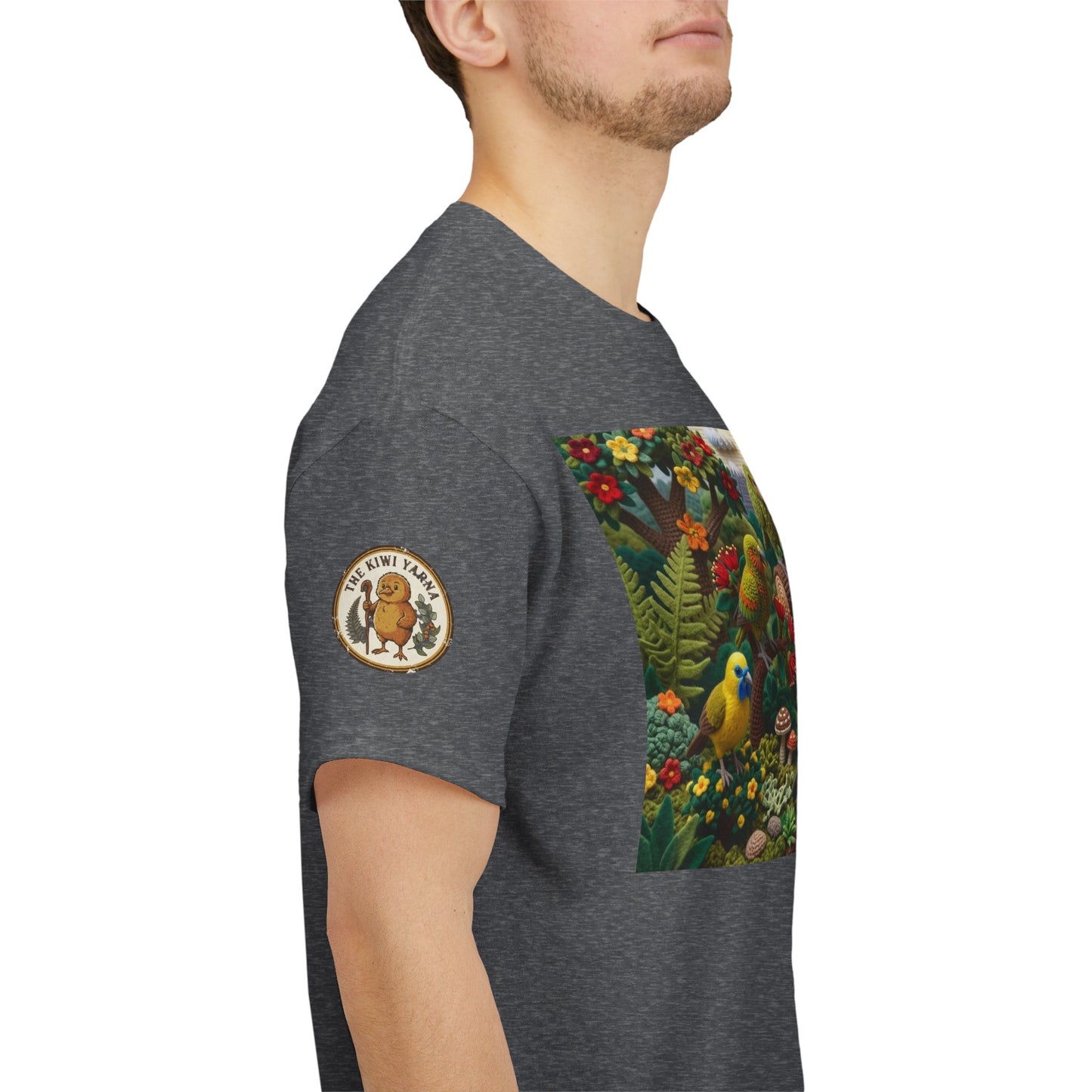 Gray T-shirt with circular sleeve patch and colorful birds scene panel