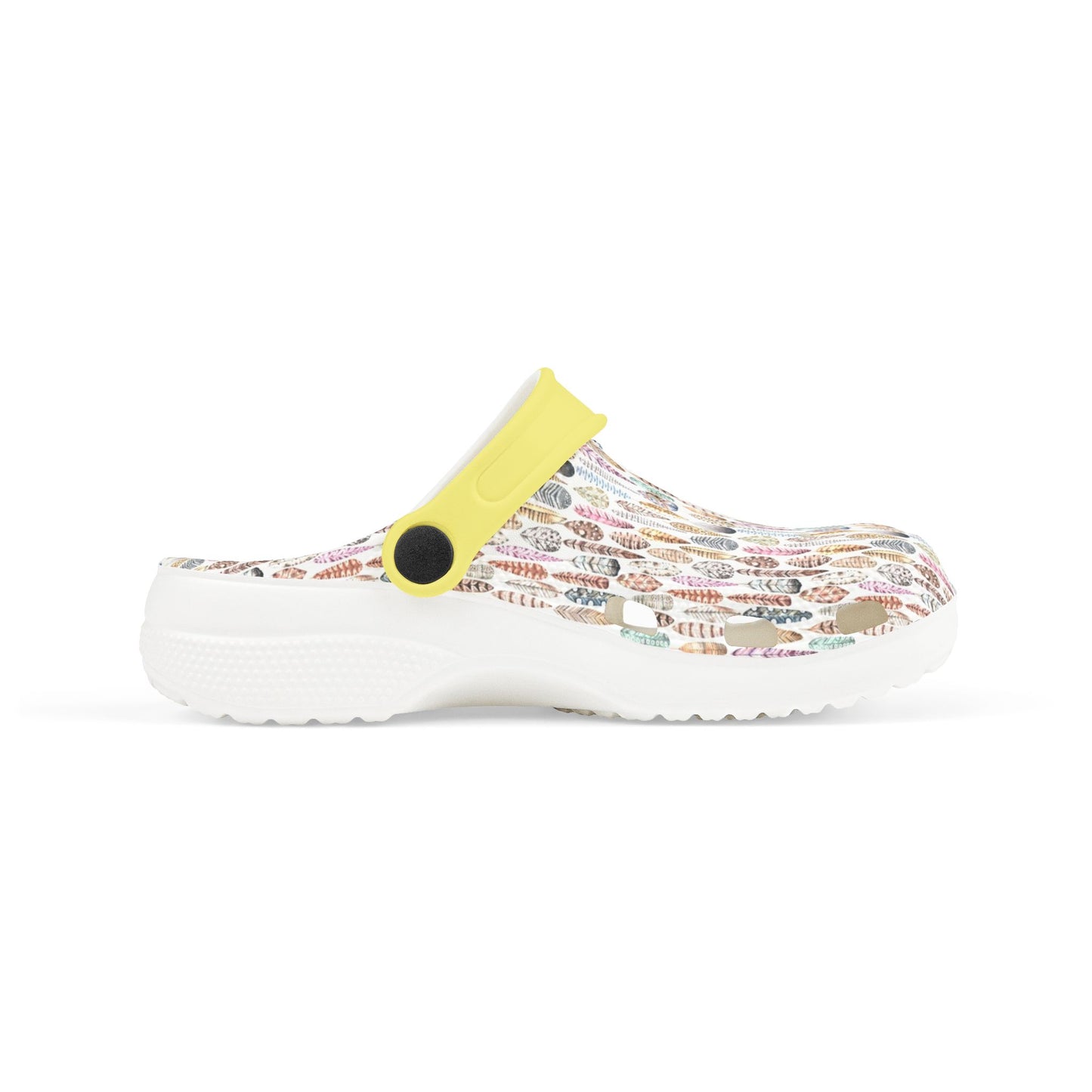 Croc-style slip-on clogs with white patterned upper, yellow strap, and molded sole