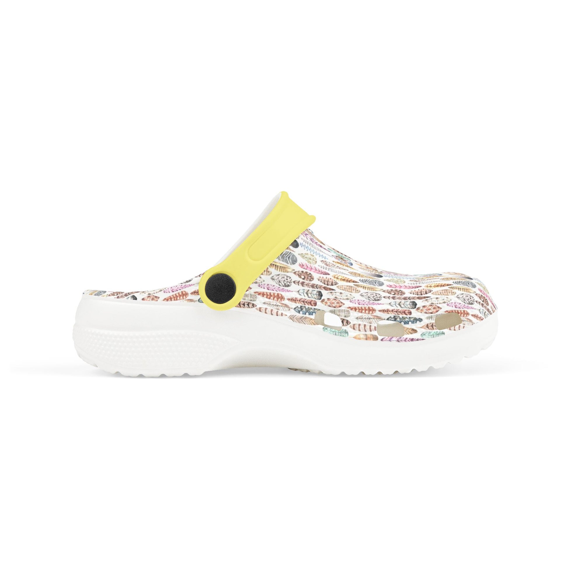 Croc-style slip-on clogs with white patterned upper, yellow strap, and molded sole