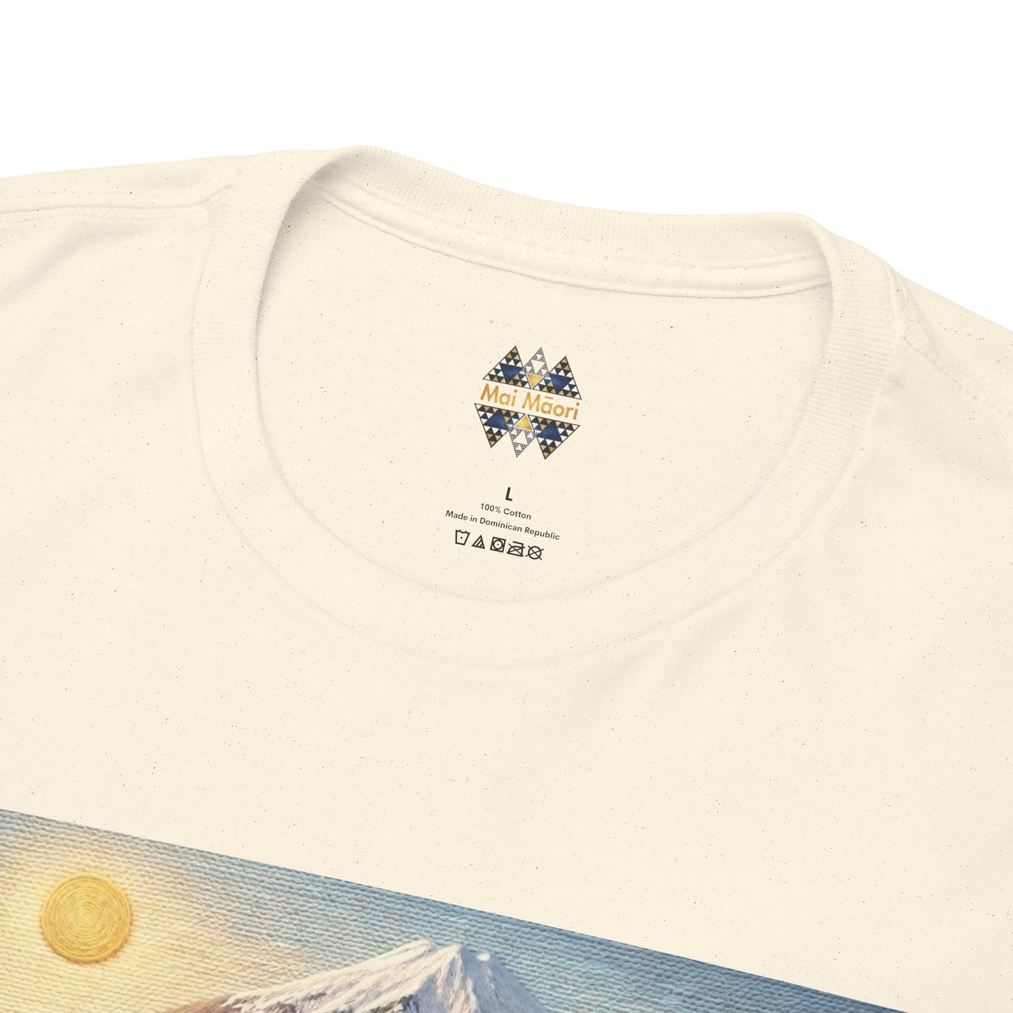 Cream T-shirt neckline with small multicolor logo above the center.