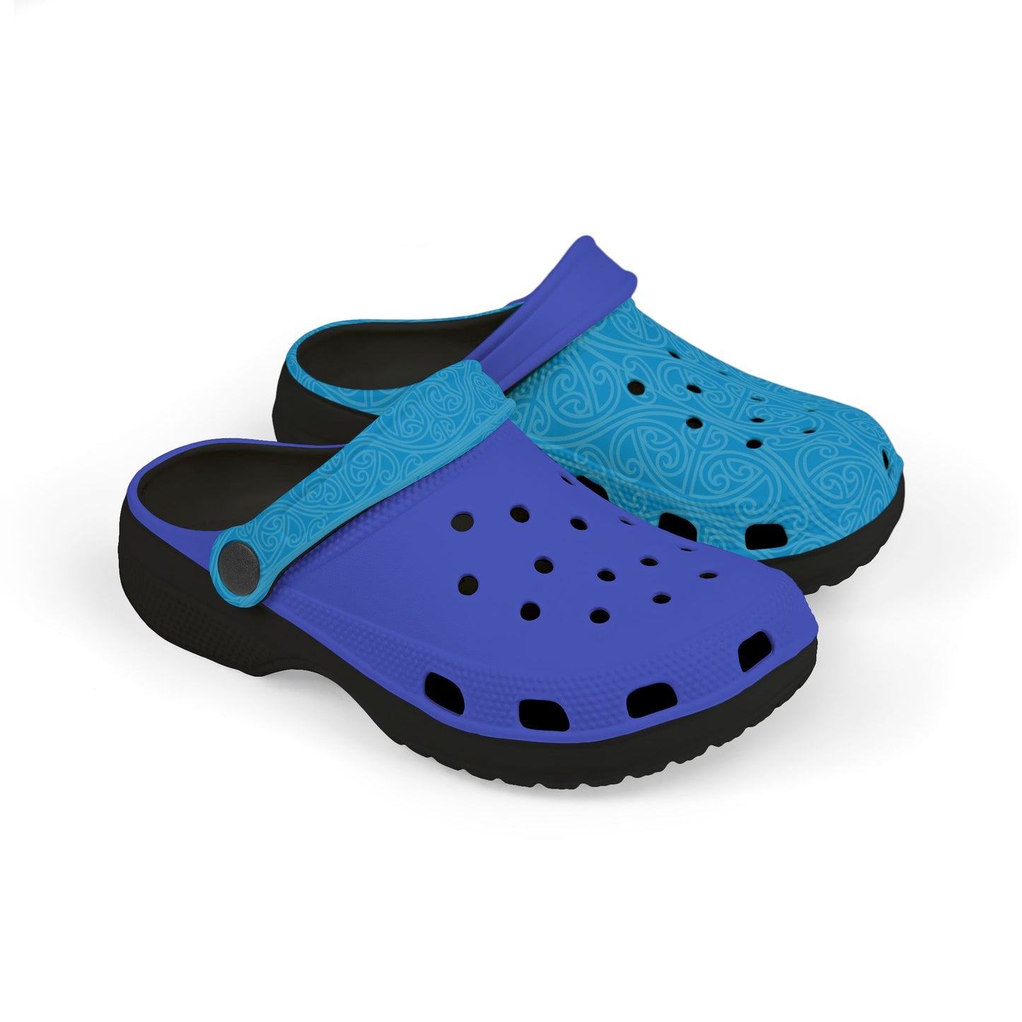 Light blue and purple slip-on clogs with decorative dots, dark outsole, angled view