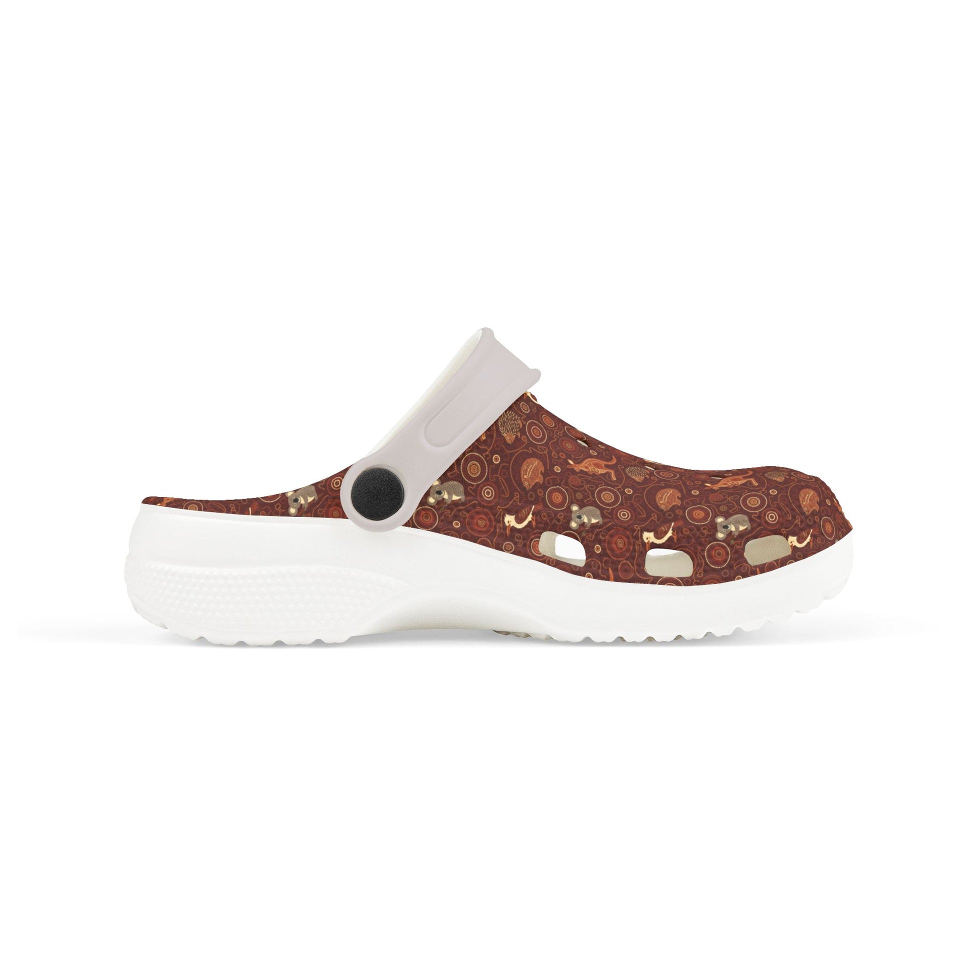Printed casual clog shoes side view, maroon-brown upper with white strap and round vents.