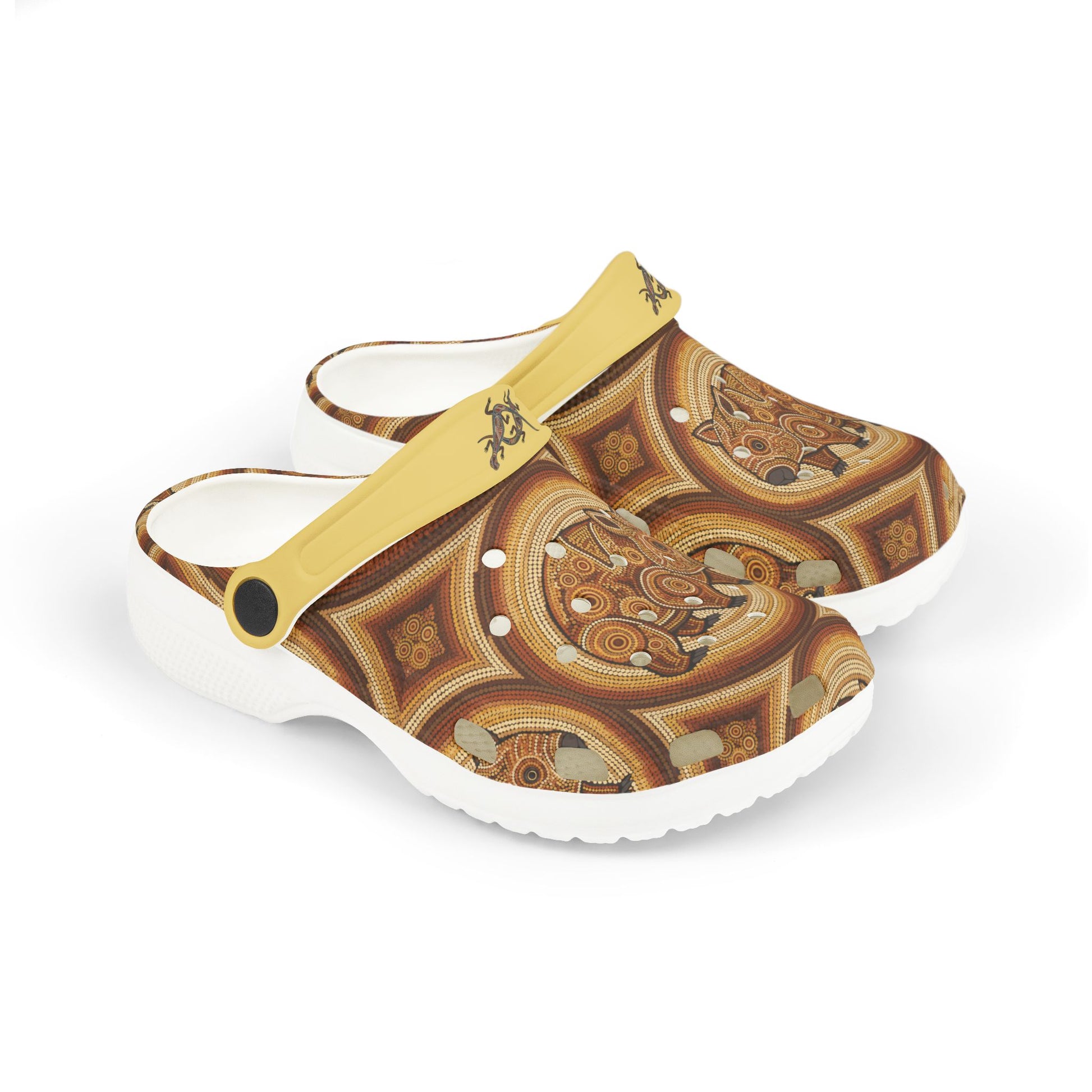 Patterned slip-on casual clogs with yellow strap, white sole, side view.