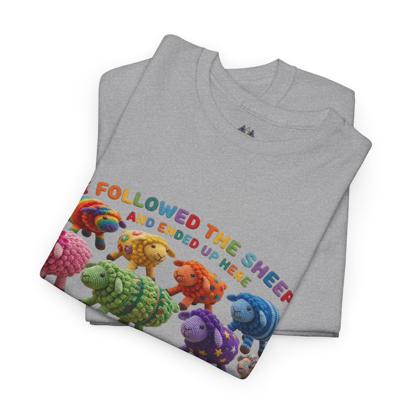 Gray heather graphic T-shirt stack showing front multicolor sheep and text