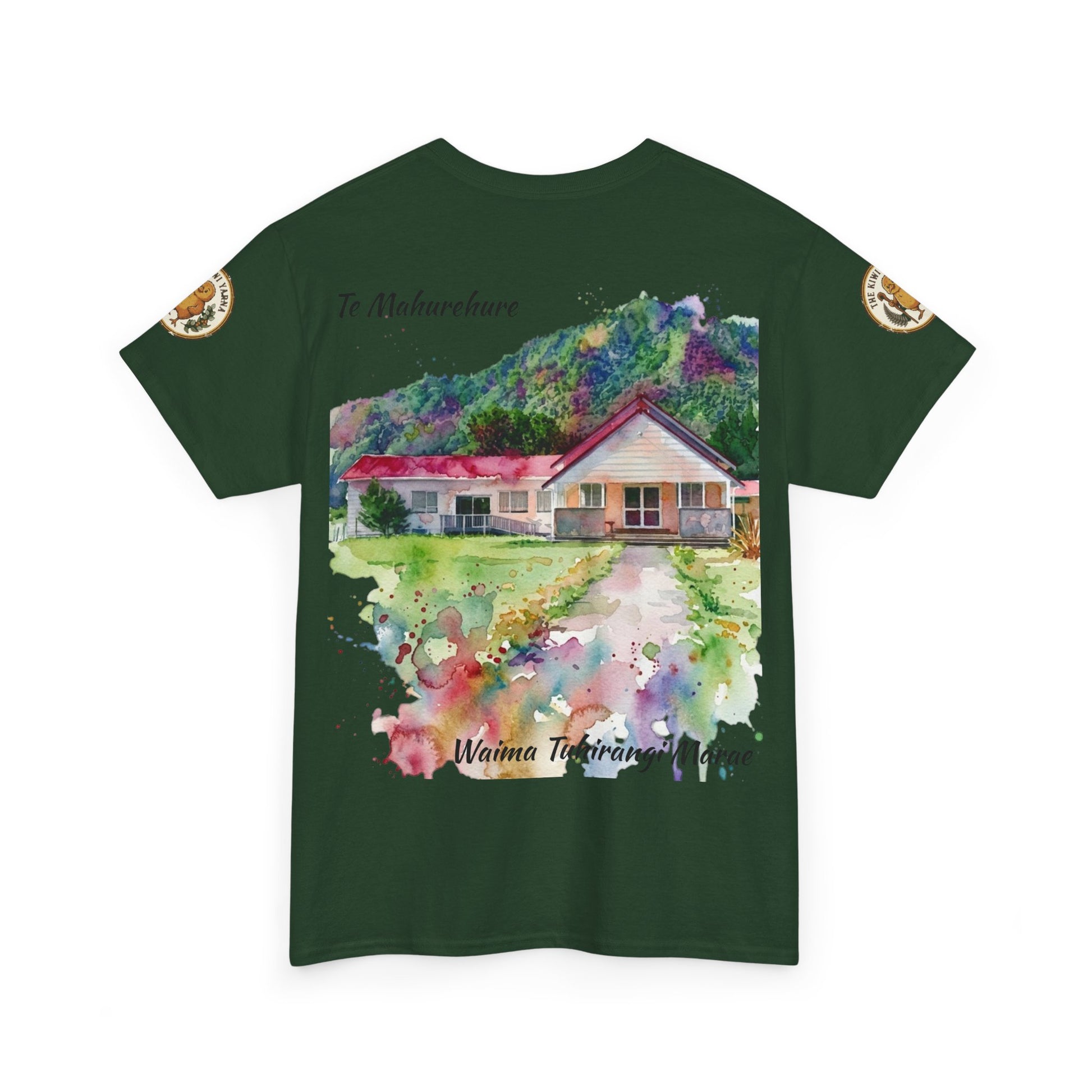 Dark green graphic T-shirt with bird and floral design, small logo on sleeves