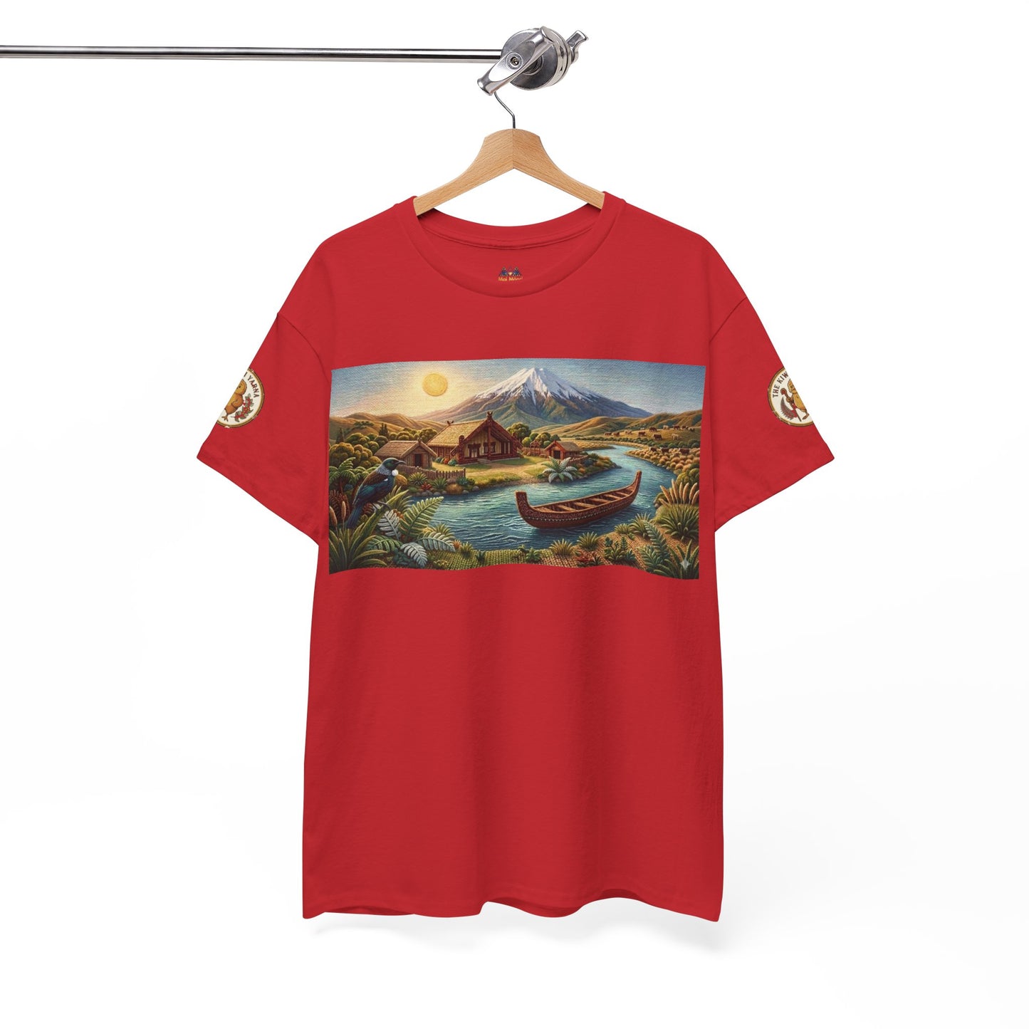 Red crew-neck T-shirt on hanger with front rectangular canoe and mountain graphic