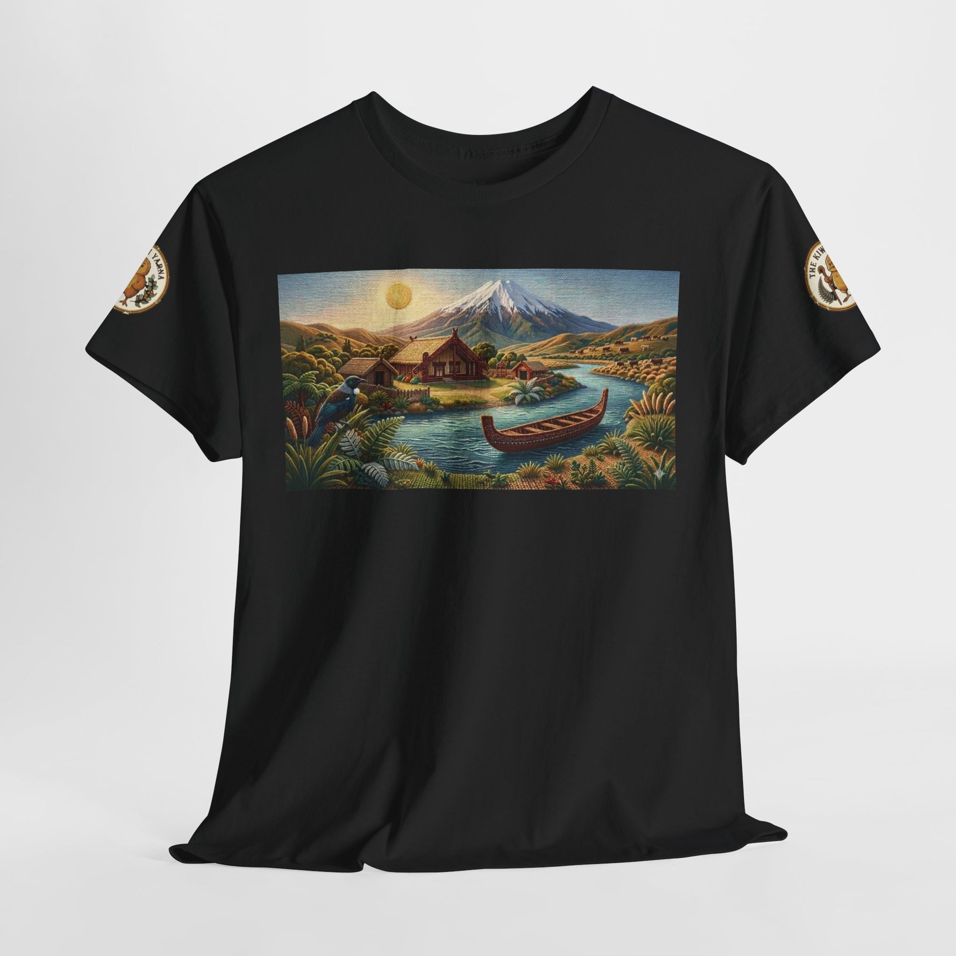 Black crewneck T-shirt with centered landscape rectangle graphic and sleeve emblem