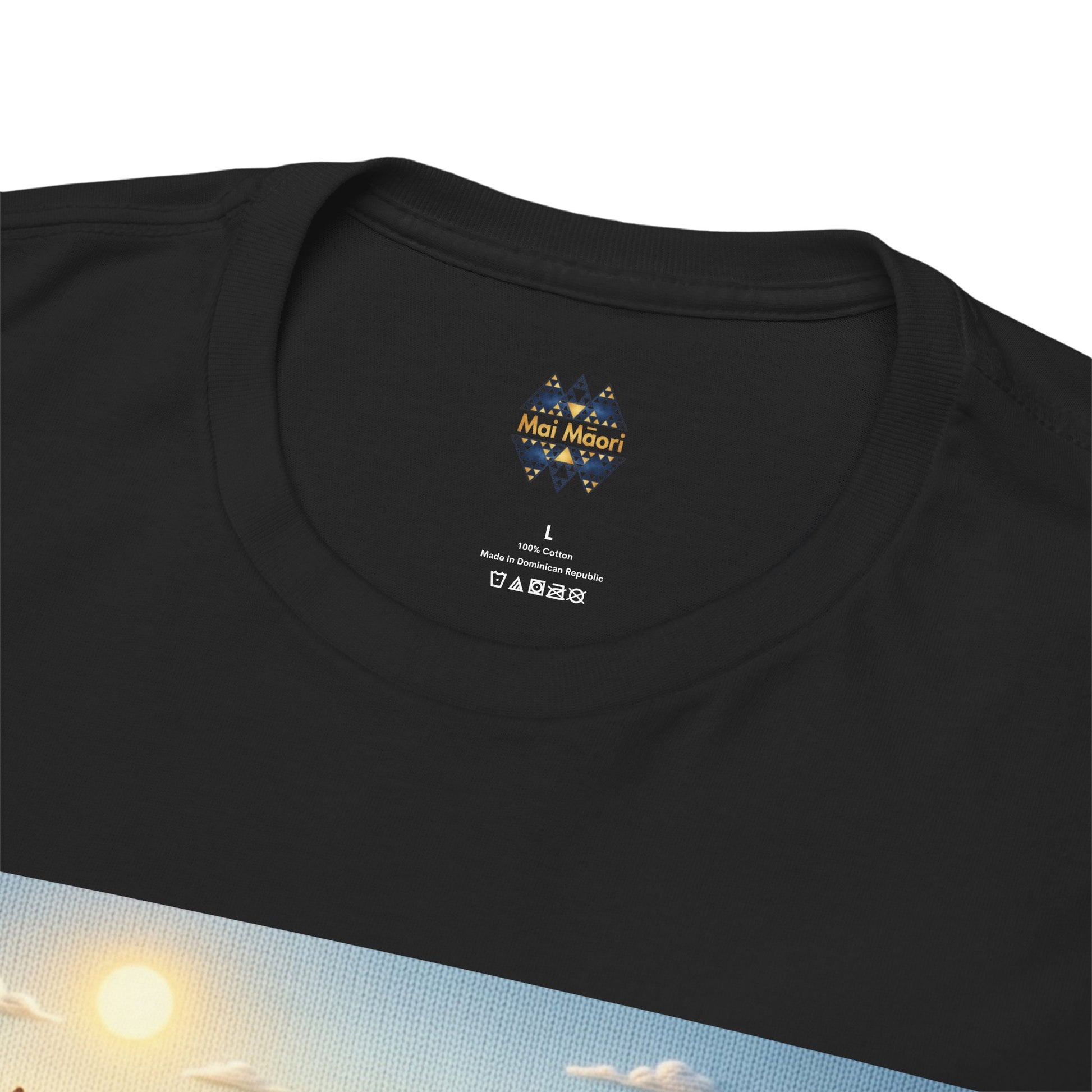 Black crewneck T-shirt neckline with small logo and size label