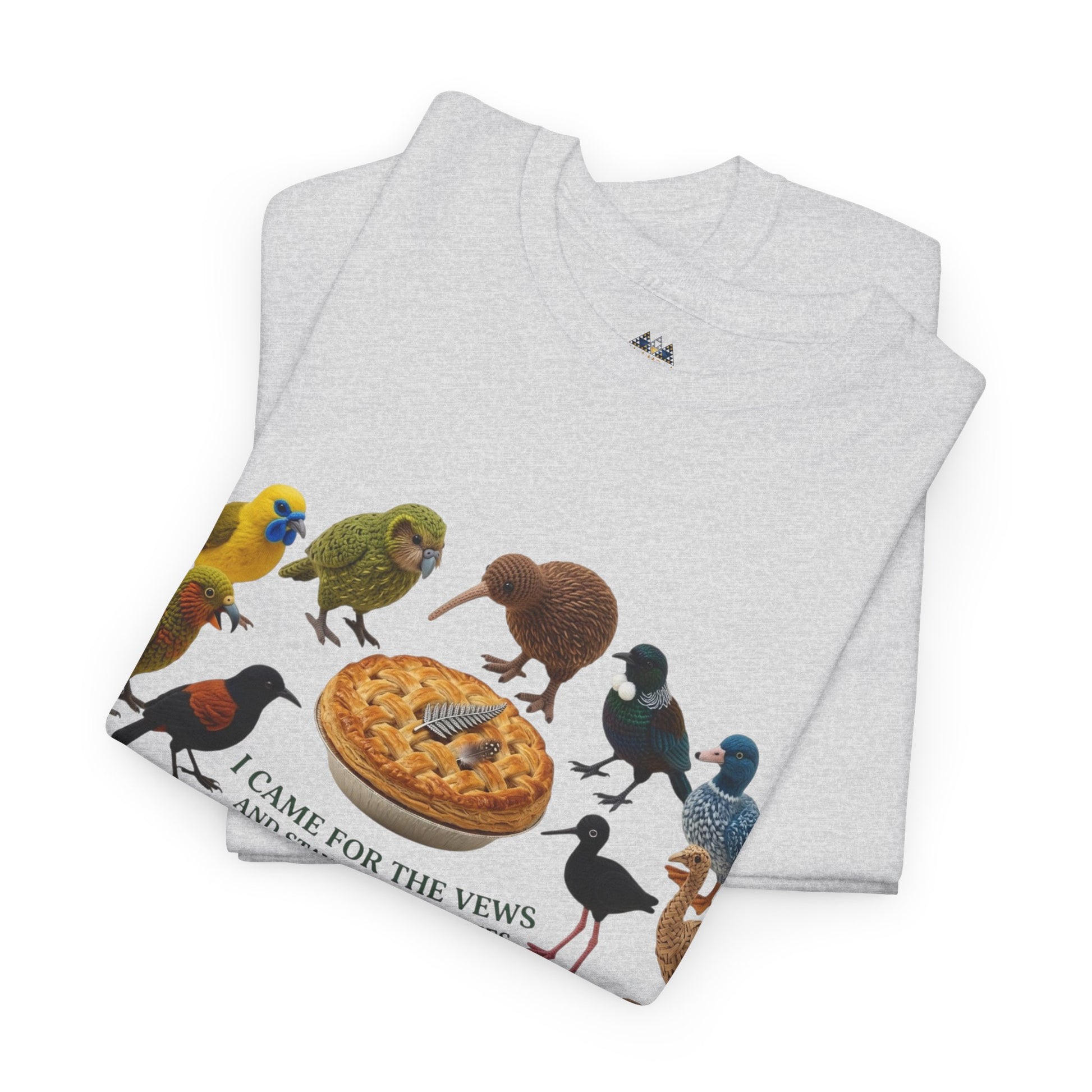 Heather gray T-shirt stacked view with bird-and-pizza graphic and “I came for the views” text.