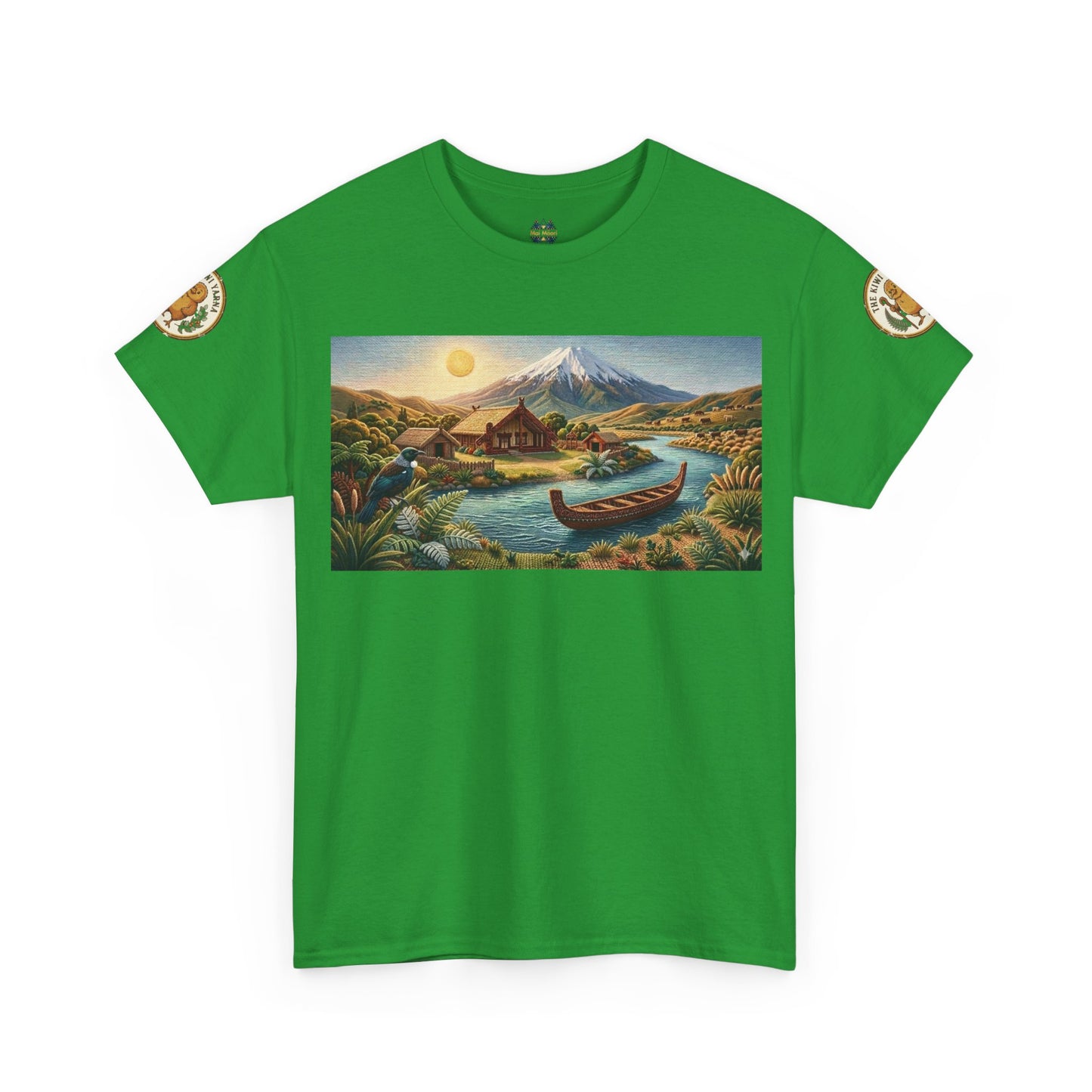 Green graphic T-shirt with landscape print and small sleeve patches