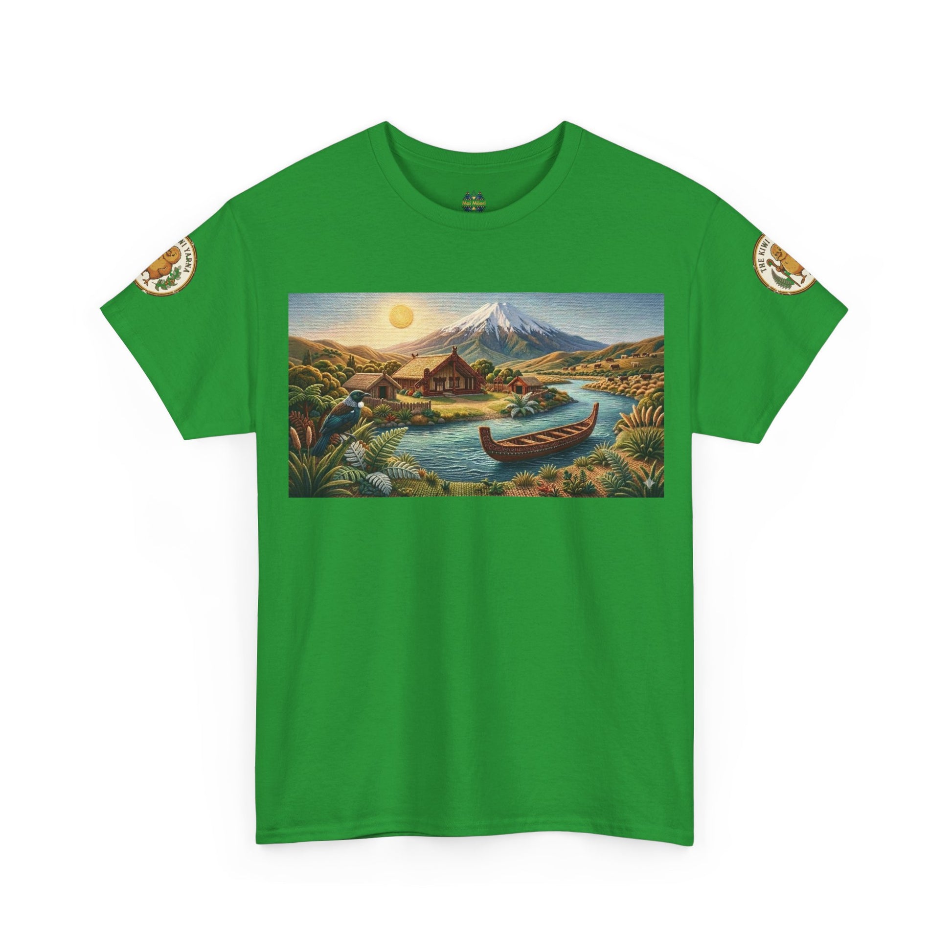 Green graphic T-shirt with landscape print and small sleeve patches