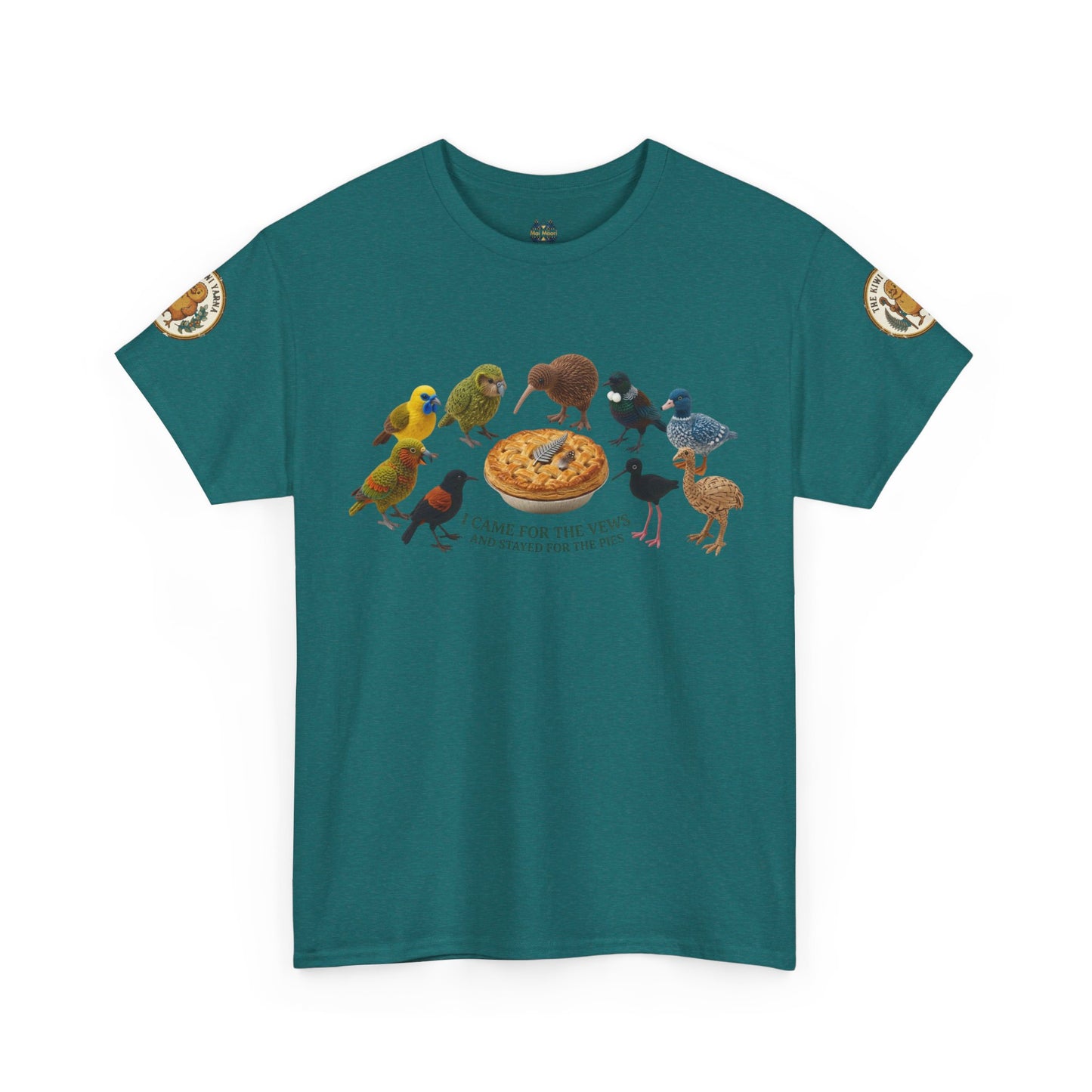 Teal graphic T-shirt with crew neck and colorful bird-and-pizza design on front