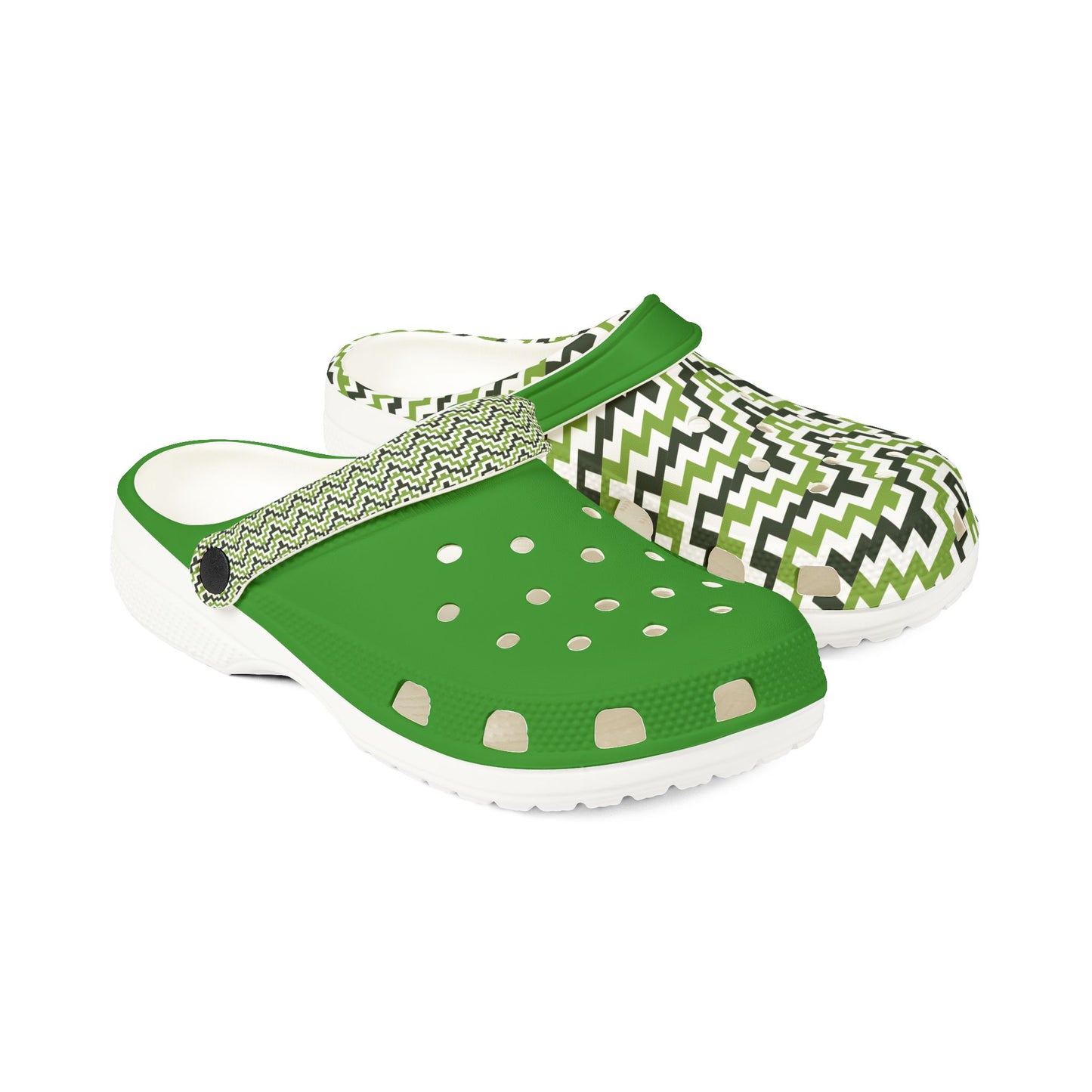 Clog sandals in green with zigzag panels, white sole, adjustable strap