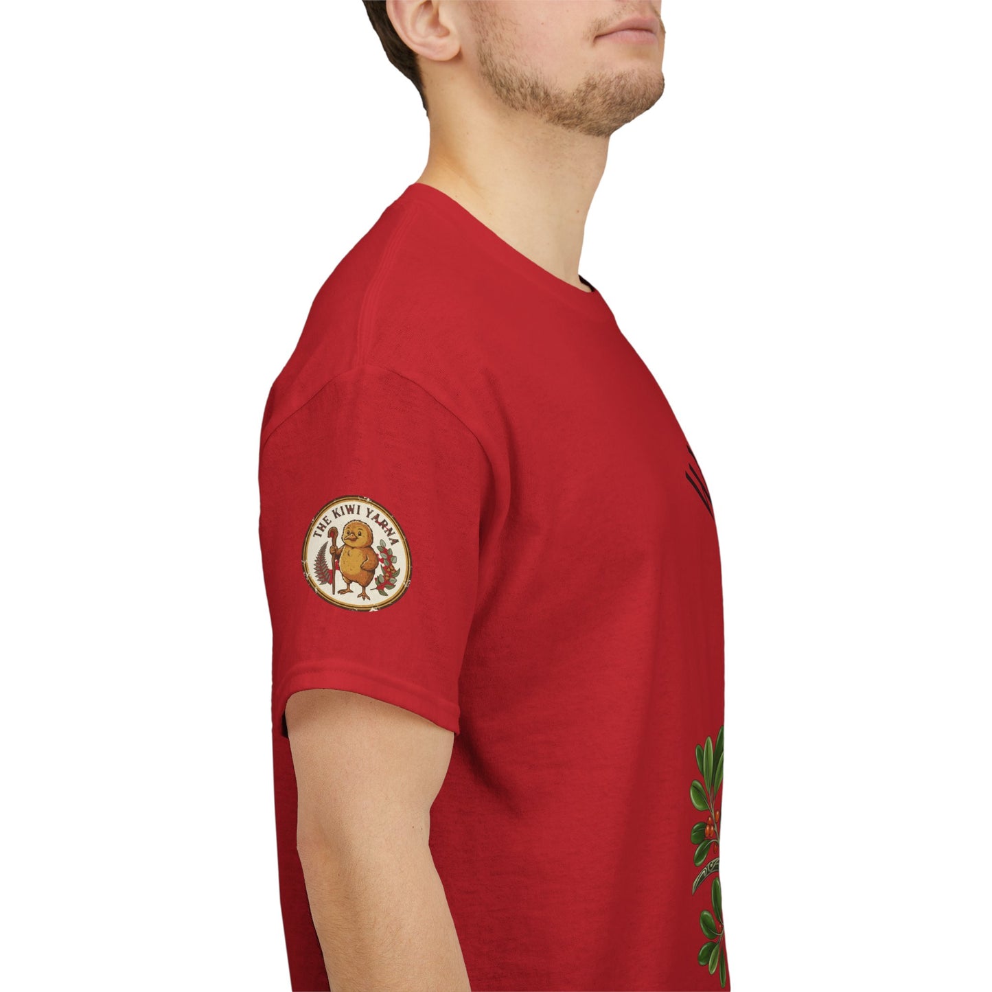 Red T-shirt with circular sleeve patch and bird motif, side view