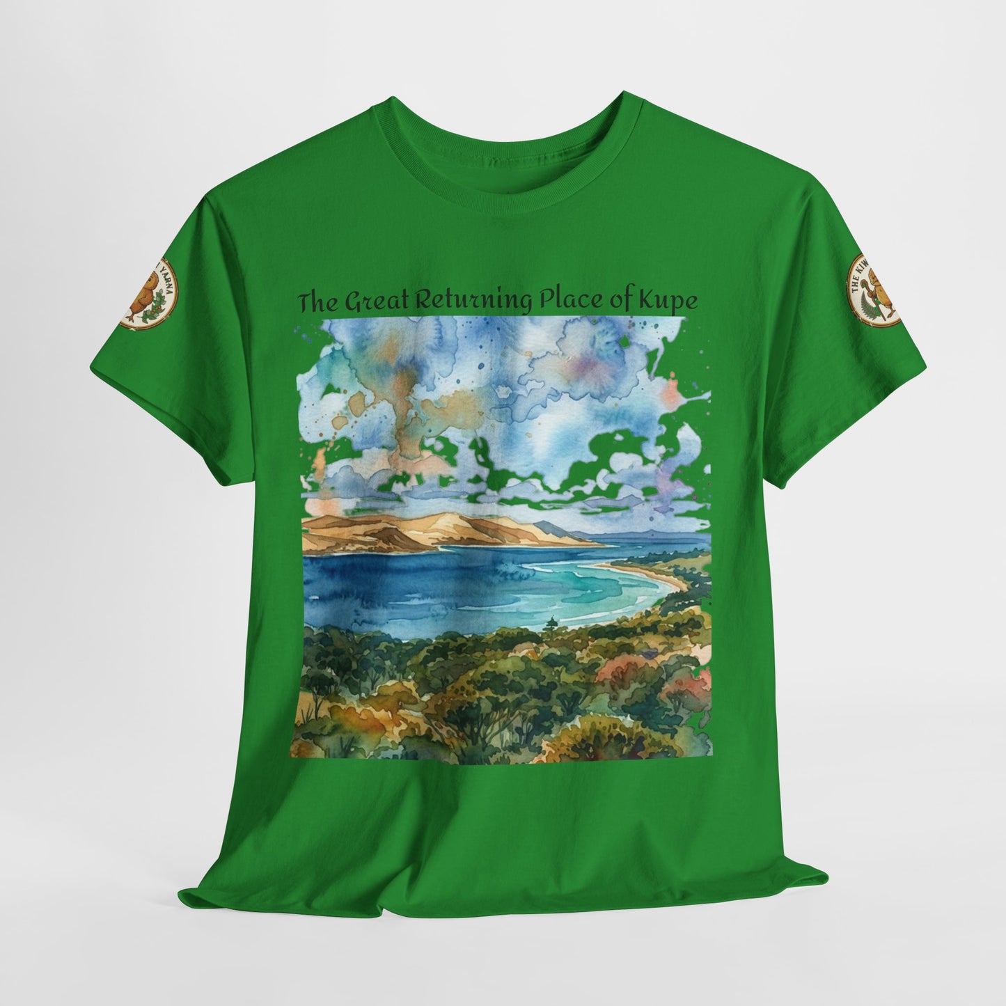 Green crew-neck T-shirt with large watercolor landscape graphic and small sleeve emblems.