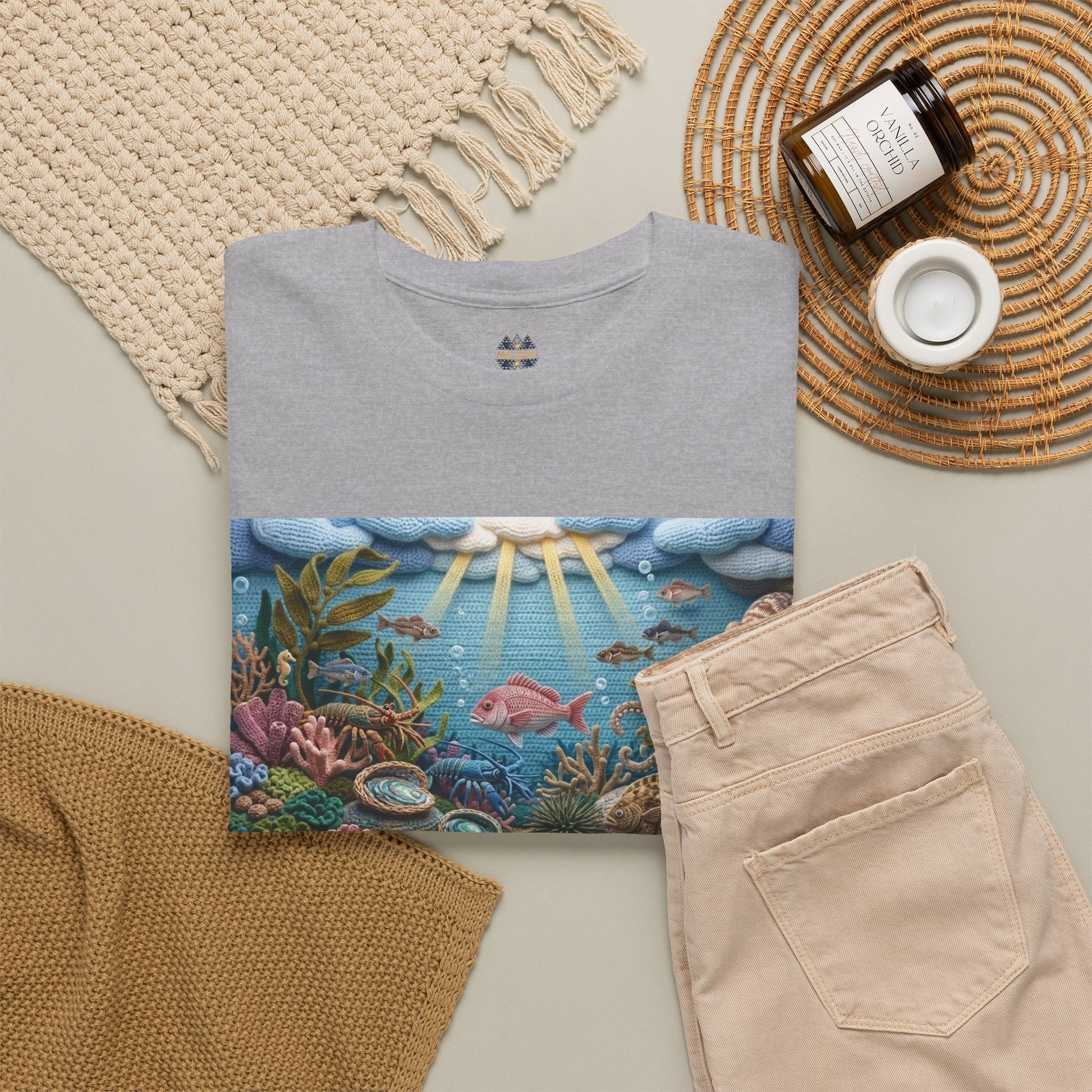 Under the sea graphic T-shirt flat lay, heather gray with ocean scene banner print