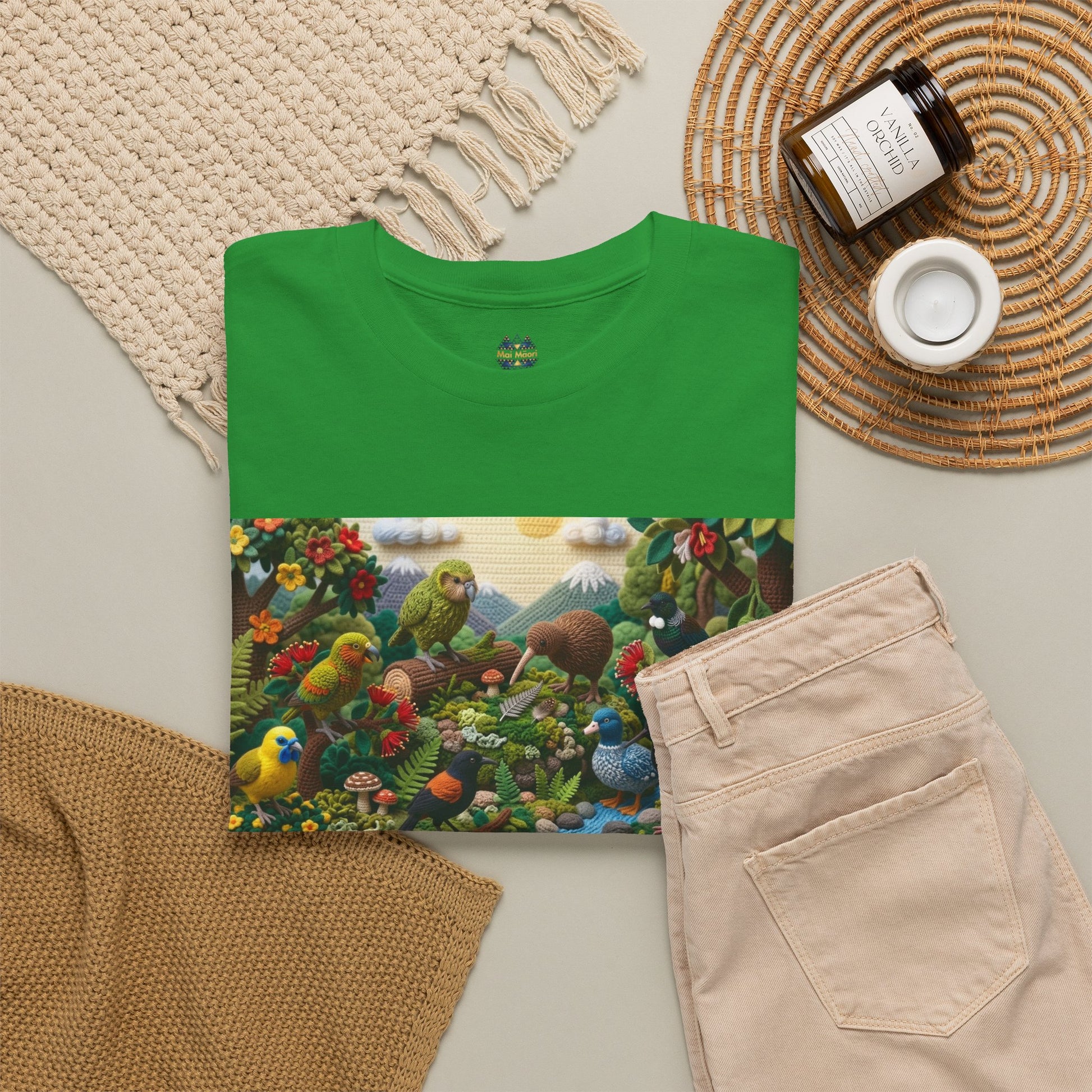 Green T-shirt with colorful birds-and-nature rectangle print and small chest emblem