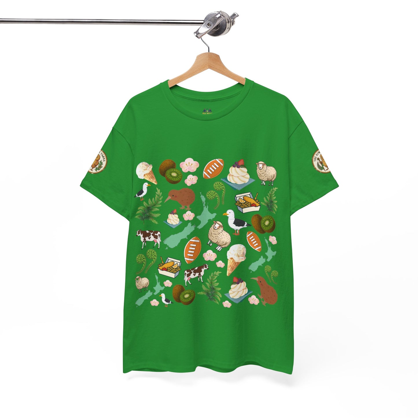 Green crewneck T-shirt with colorful tropical wildlife print and small circular sleeve patches
