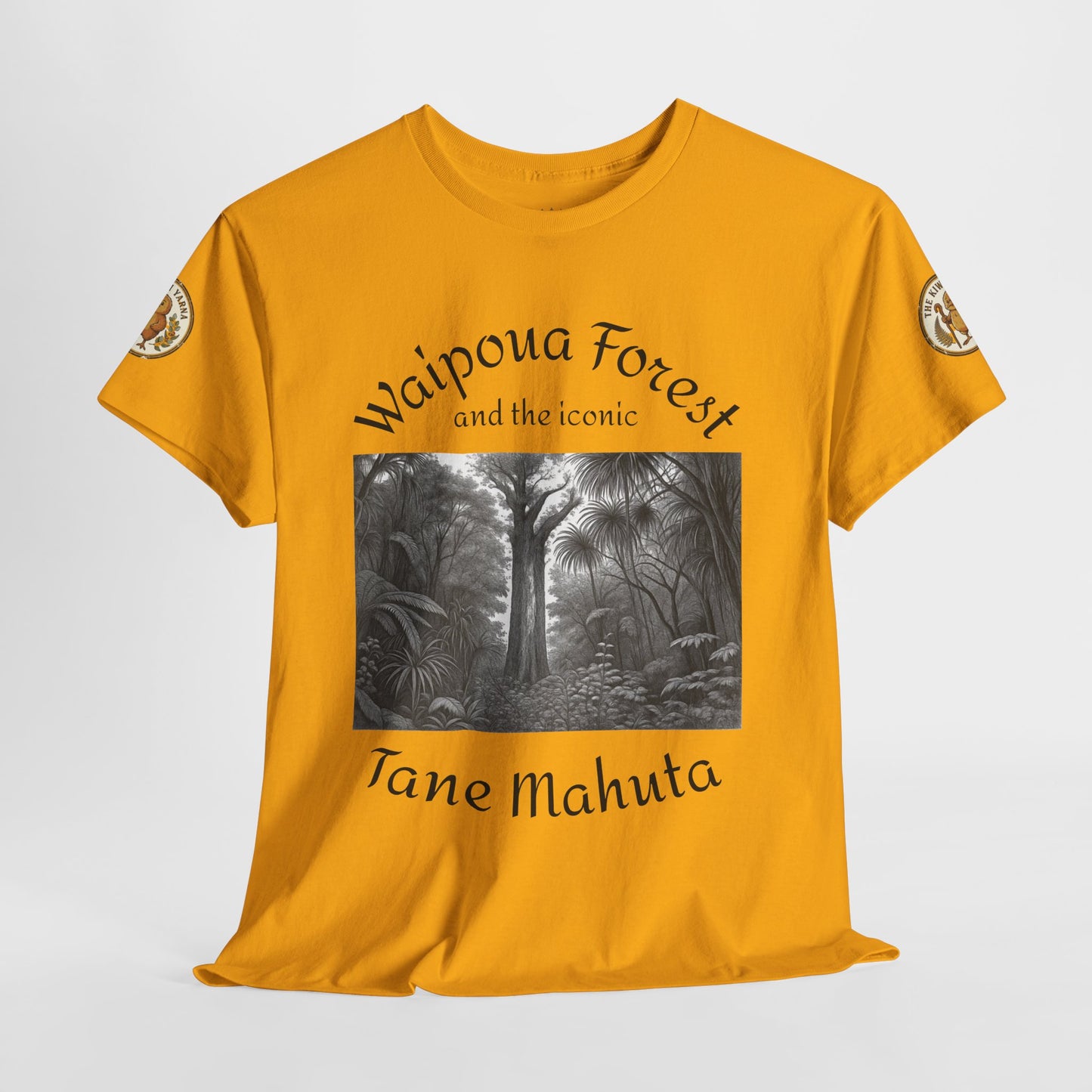 Mustard yellow T-shirt with Waipoua Forest forest landscape graphic and Tane Mahuta