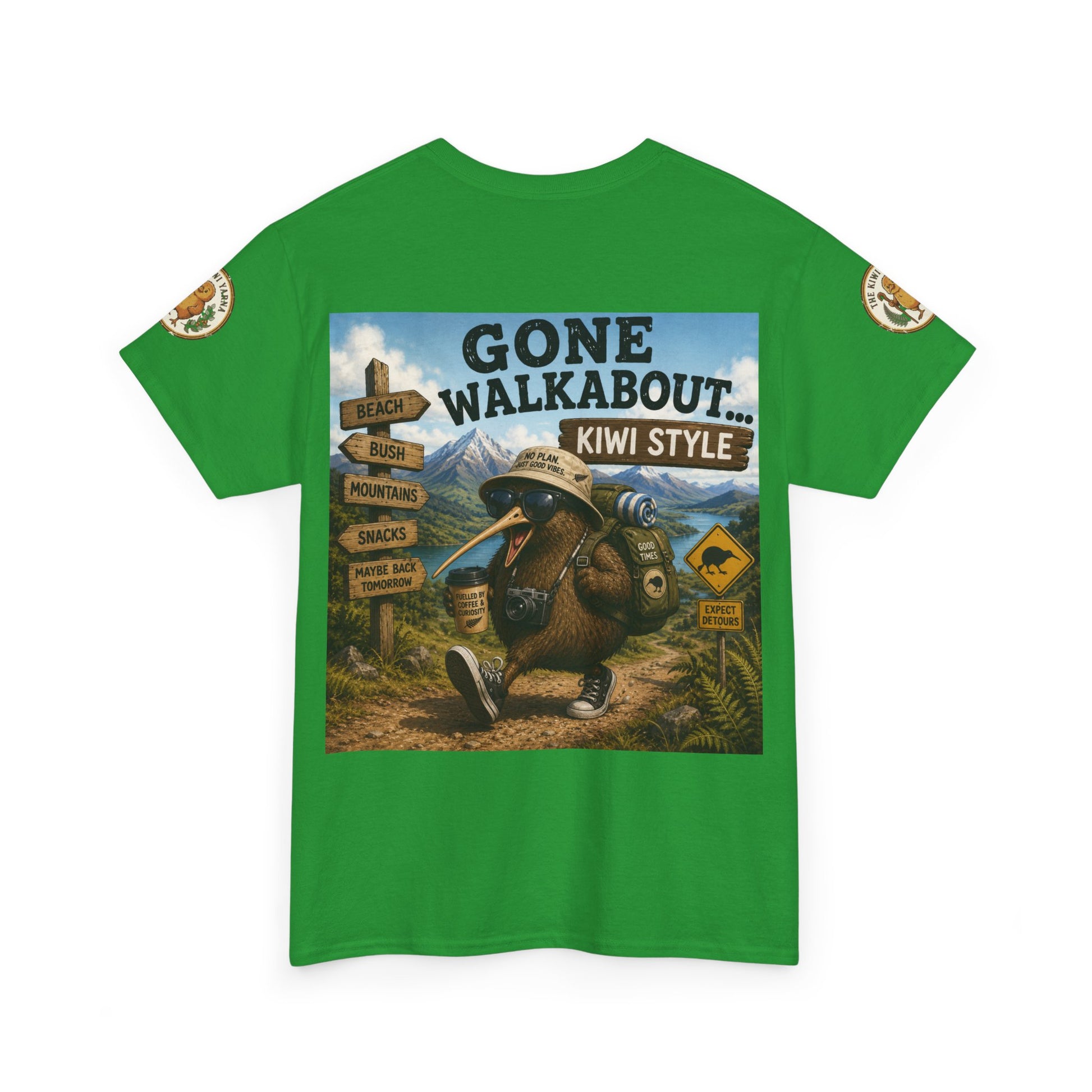 Green graphic T-shirt with large “Gone Walkabout Kiwi Style” kiwi print front