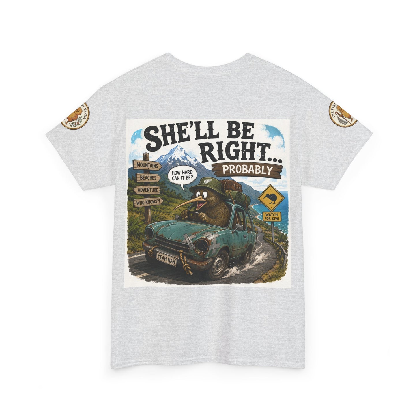 Light gray heather crewneck T-shirt with “She’ll Be Right.. Probably” front graphic and sleeve logos.
