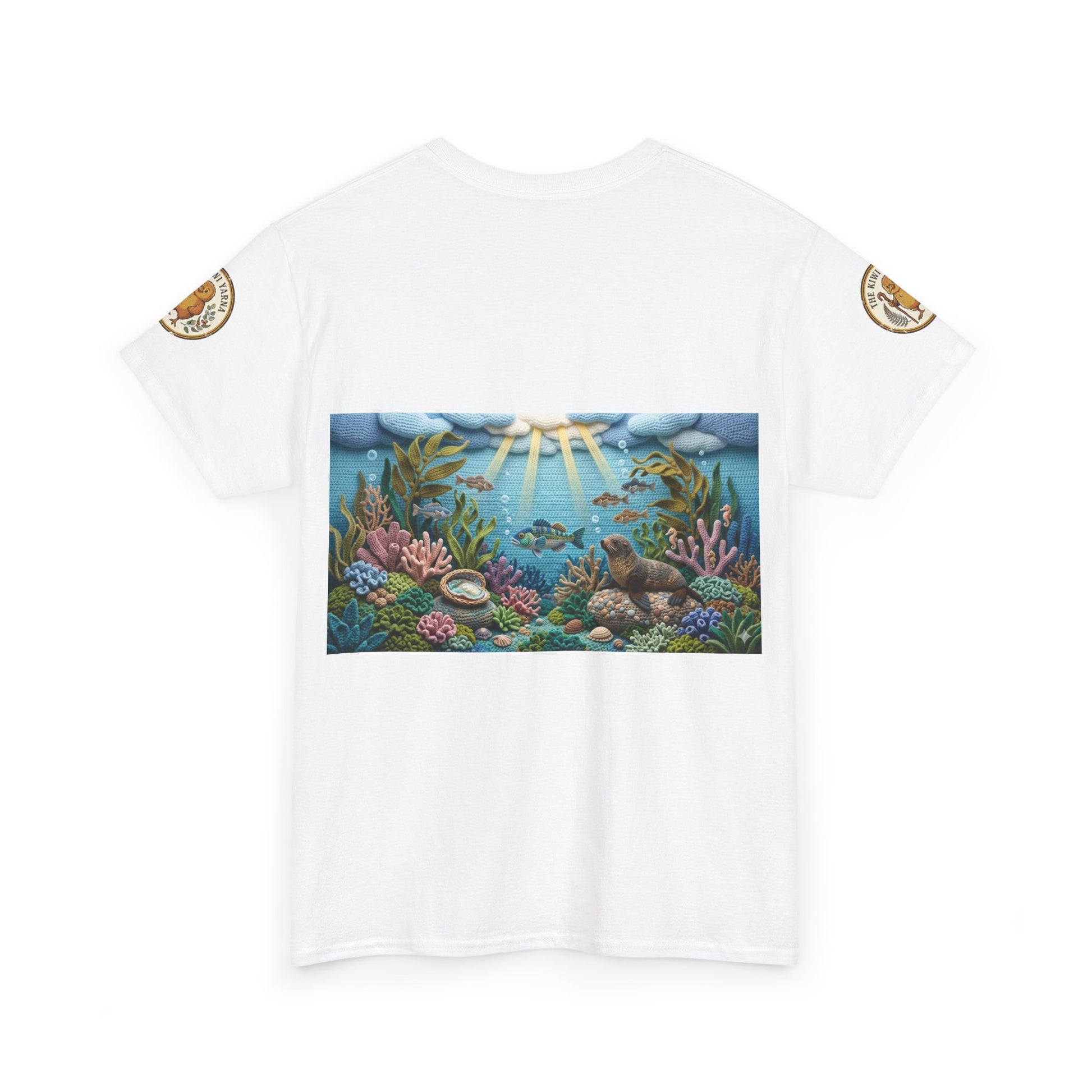 White crew-neck T-shirt with rectangular undersea scene print on chest.