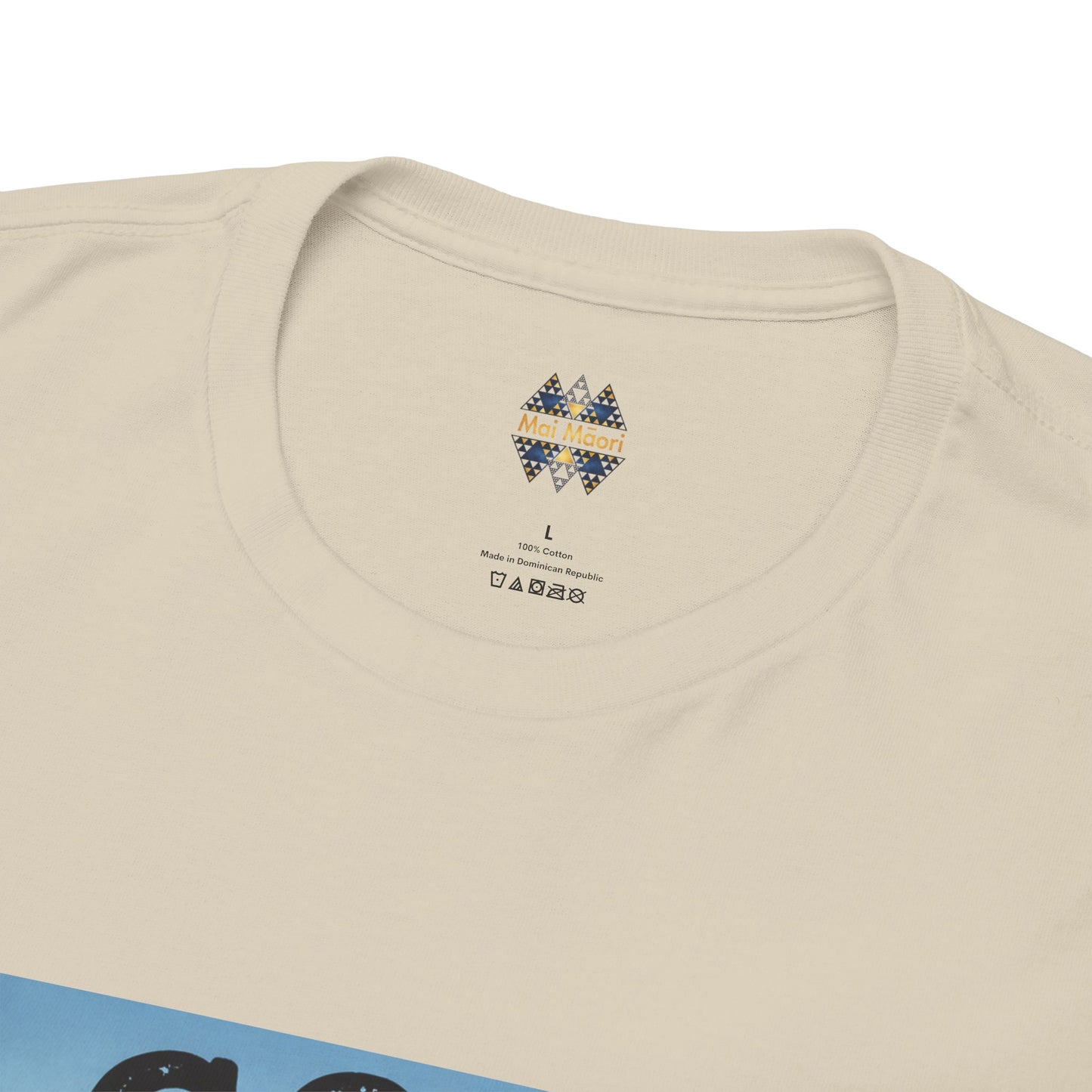 Natural T-shirt neckline with small chest logo and printed label inside collar.
