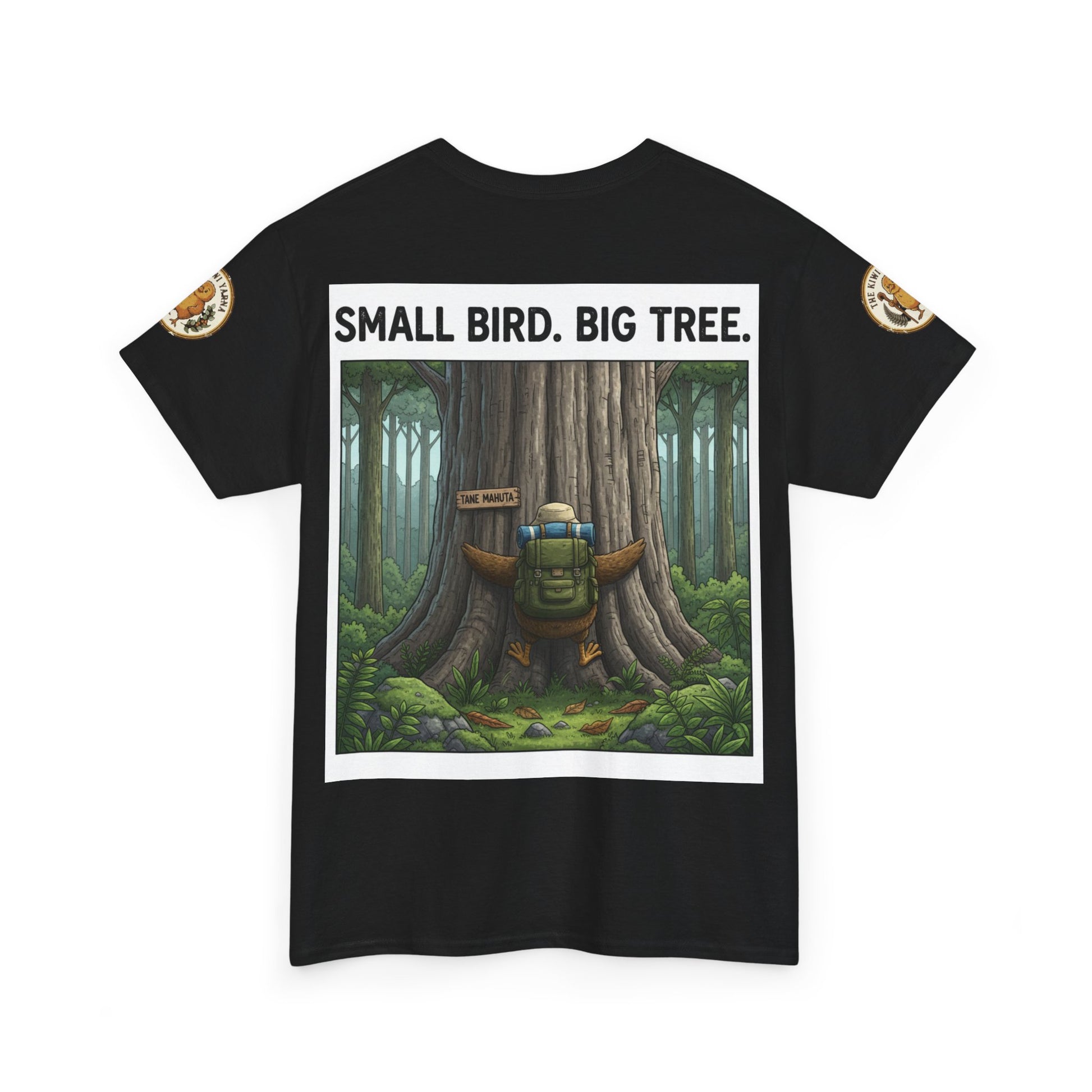 Black short-sleeve crew neck T-shirt with forest “SMALL BIRD. BIG TREE.” graphic