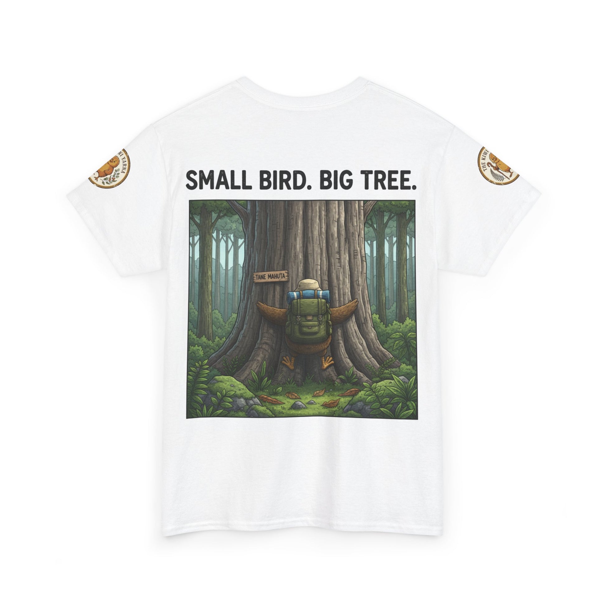 White T-shirt with front square forest graphic and headline text