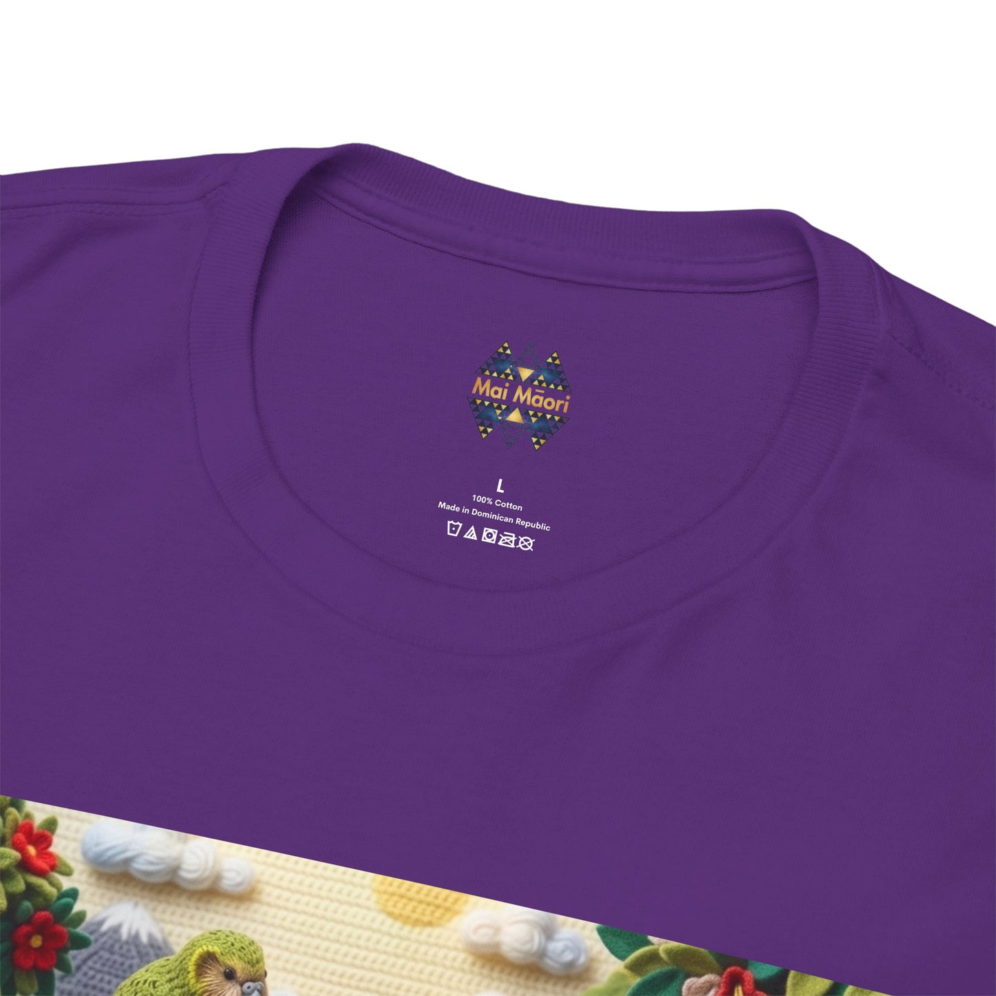 Purple T-shirt crew neck with small Mai Maori logo on the chest