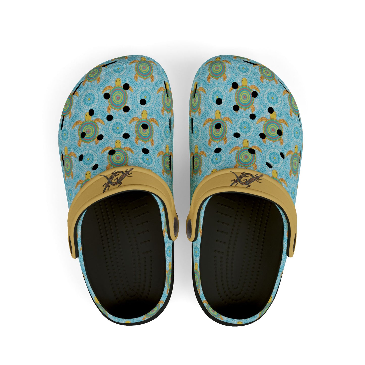 Light blue turtle-pattern casual clog shoe with yellow heel strap and dark interior