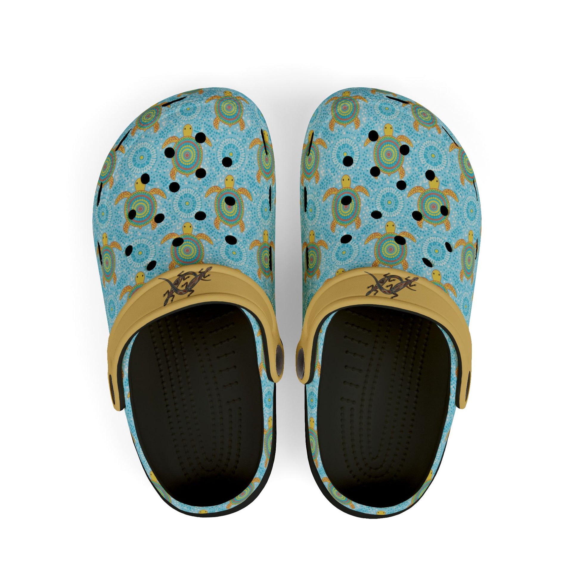 Light blue turtle-pattern casual clog shoe with yellow heel strap and dark interior