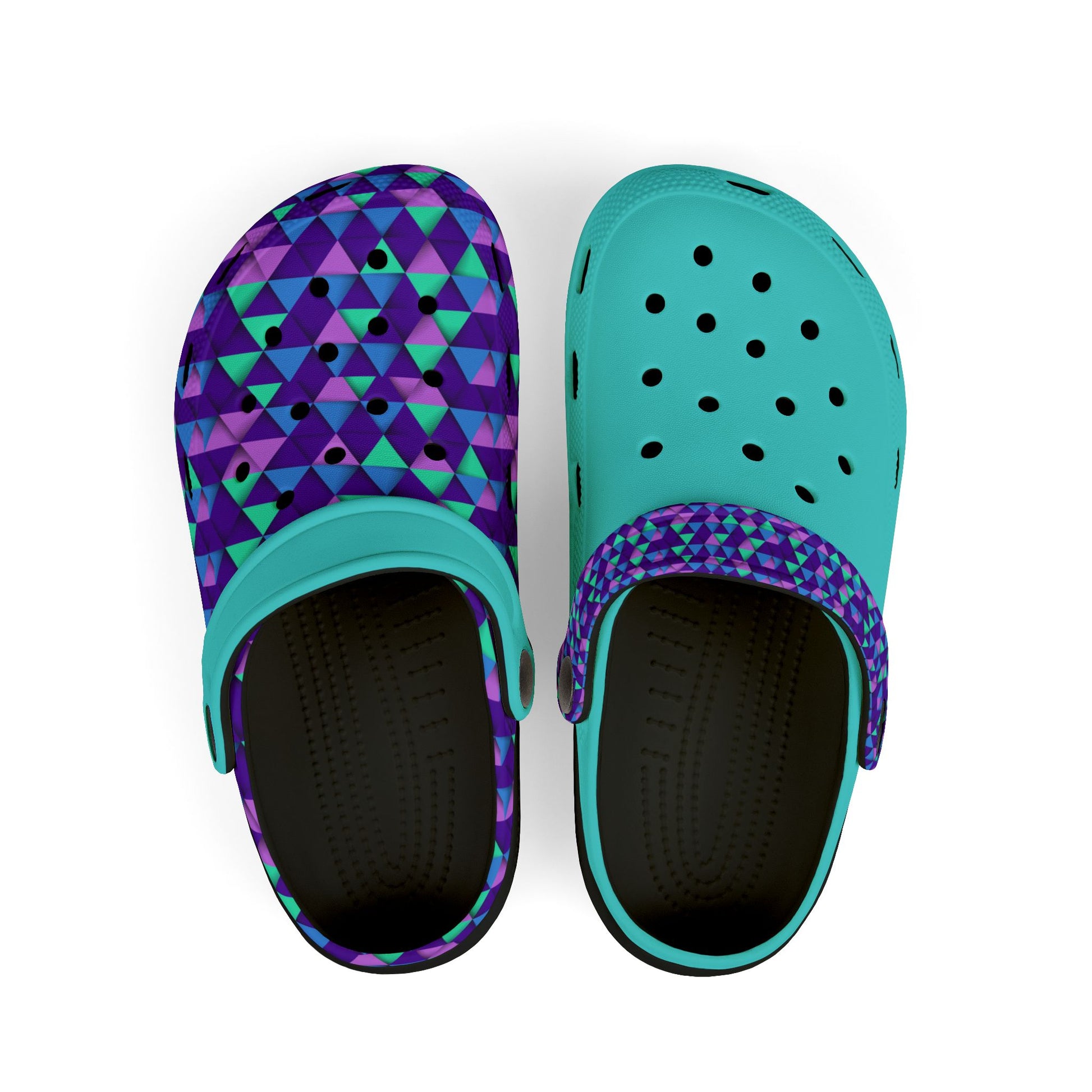 Croc-style clogs in teal with purple geometric upper and black insole