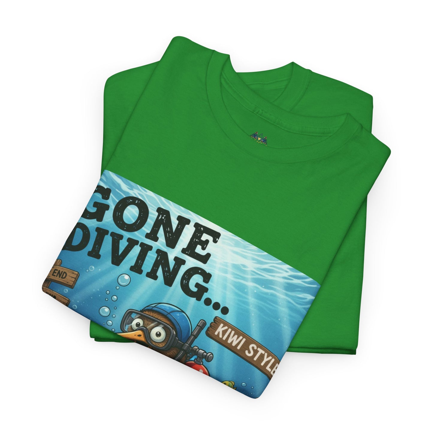 Green T-shirt with diagonal “GONE DIVING…” graphic panel