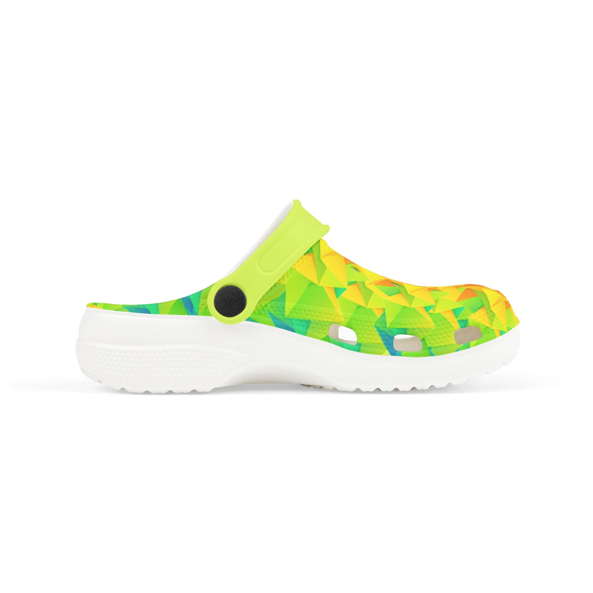 Ahi lime-green clog with multicolor graphic upper, round logo, and white sole