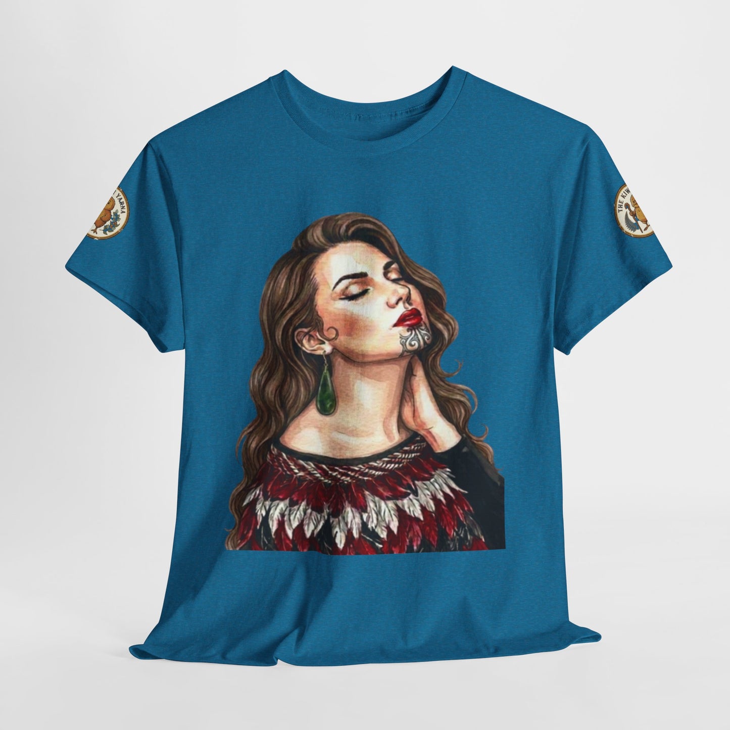 Teal graphic T-shirt with centered portrait print and circular sleeve patches