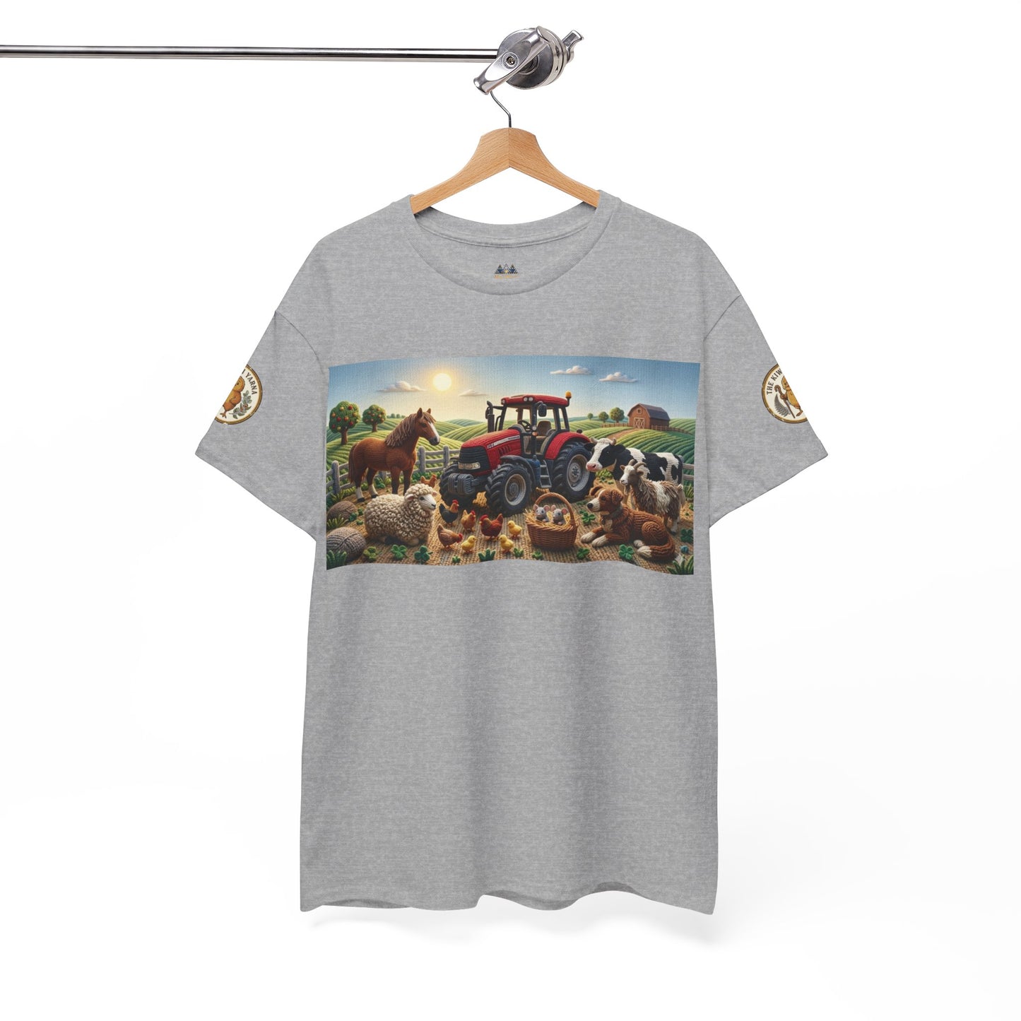 Heather gray T-shirt with front farm graphic featuring a red tractor and animals.