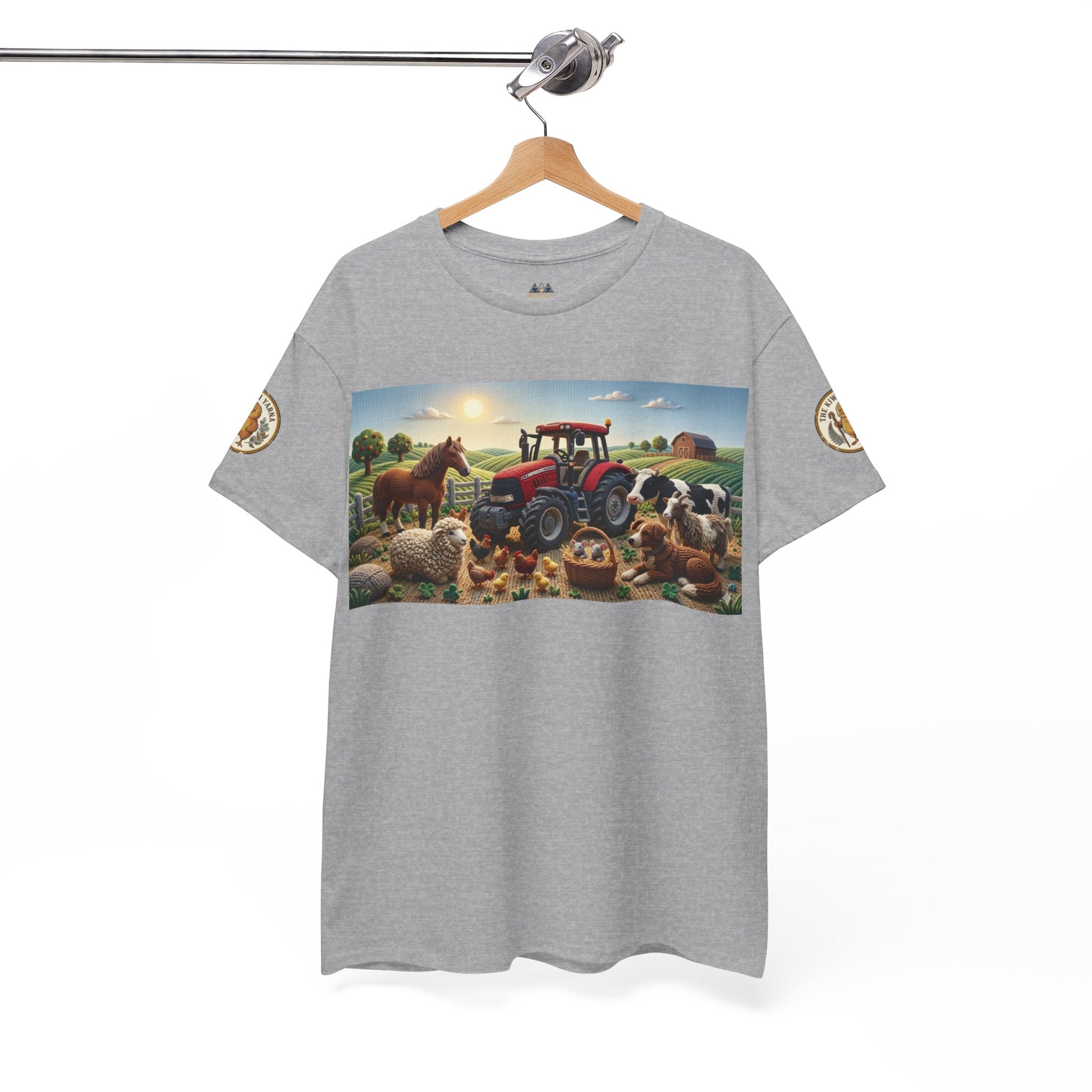 Heather gray T-shirt with front farm graphic featuring a red tractor and animals.