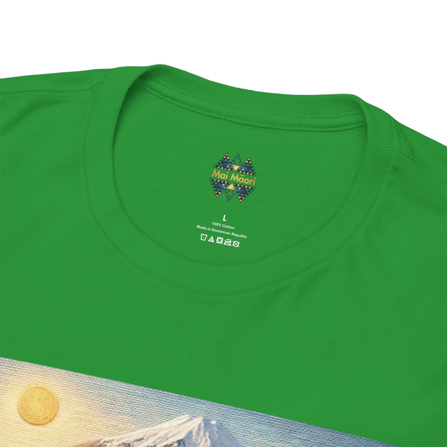 Bright green T-shirt back close-up with small logo print near the neckline.