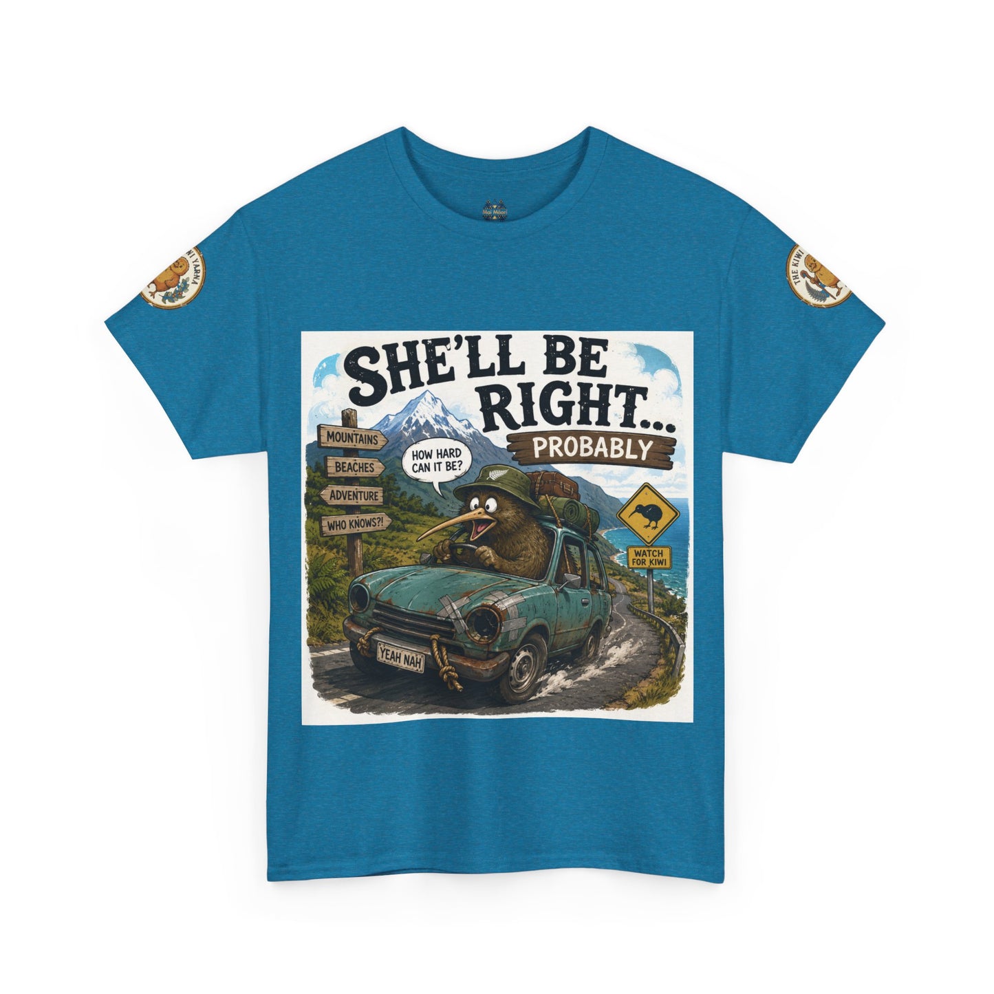 Blue graphic crewneck T-shirt with “She’ll Be Right.. Probably” front print and circular sleeve logos.