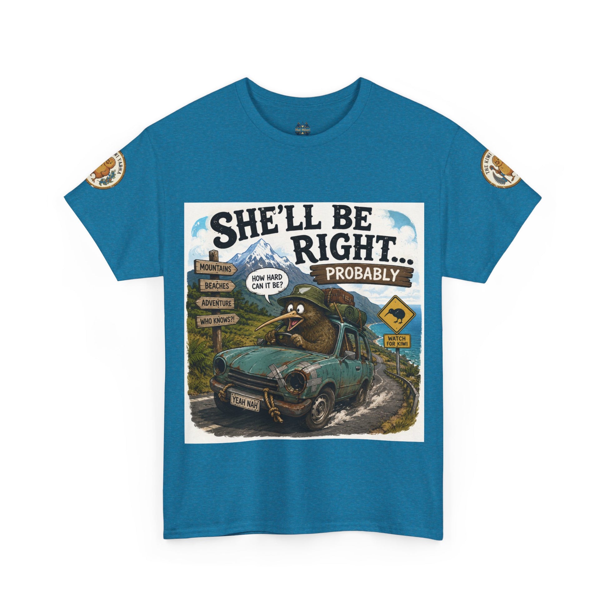 Blue graphic crewneck T-shirt with “She’ll Be Right.. Probably” front print and circular sleeve logos.