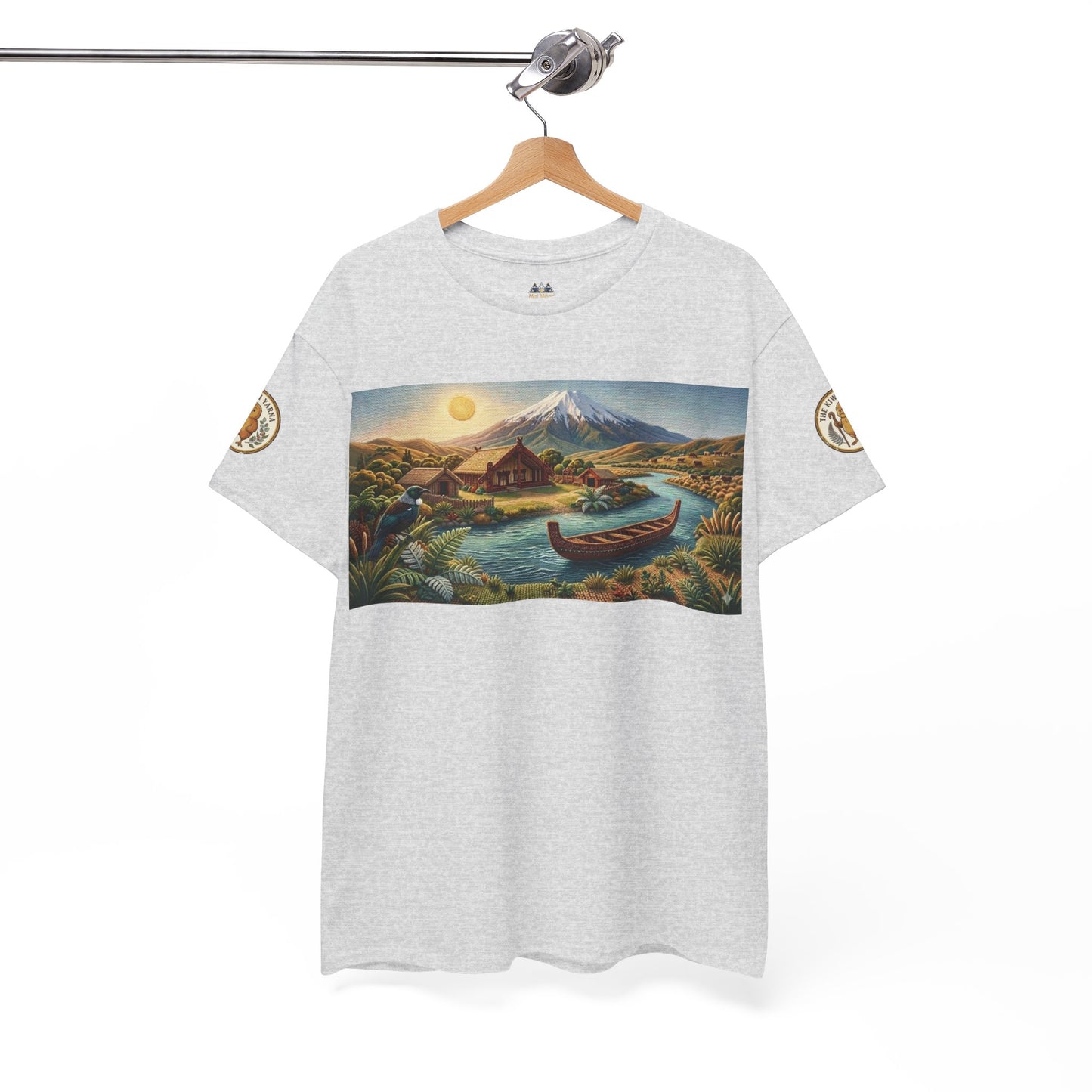 Light gray crew-neck graphic T-shirt on hanger with landscape rectangle print and sleeve logos