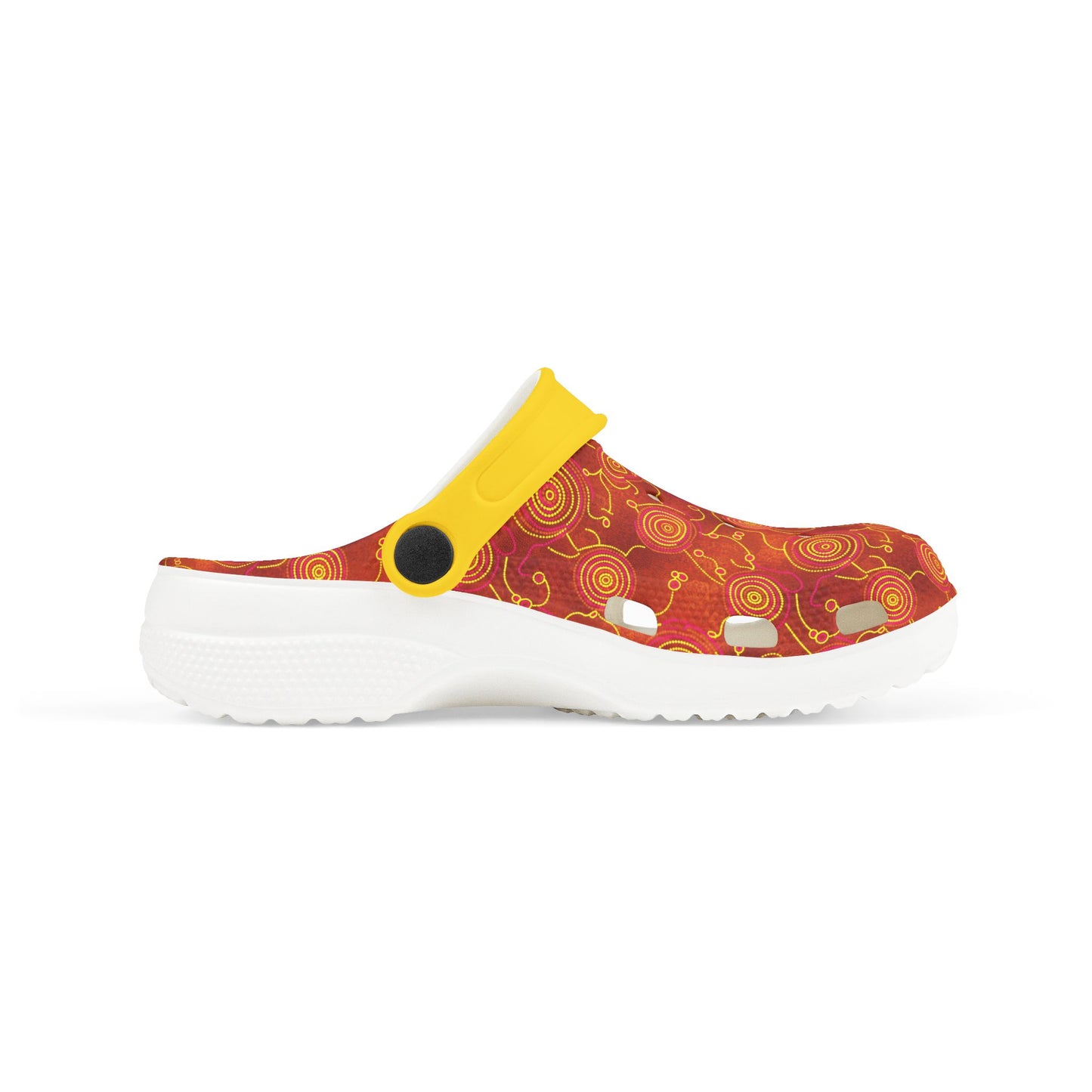 Aboriginal art casual clog shoe in red pattern, yellow strap, white foam sole
