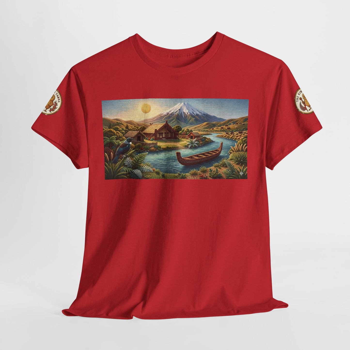 Red crew-neck T-shirt with front rectangular landscape canoe graphic and sleeve badges