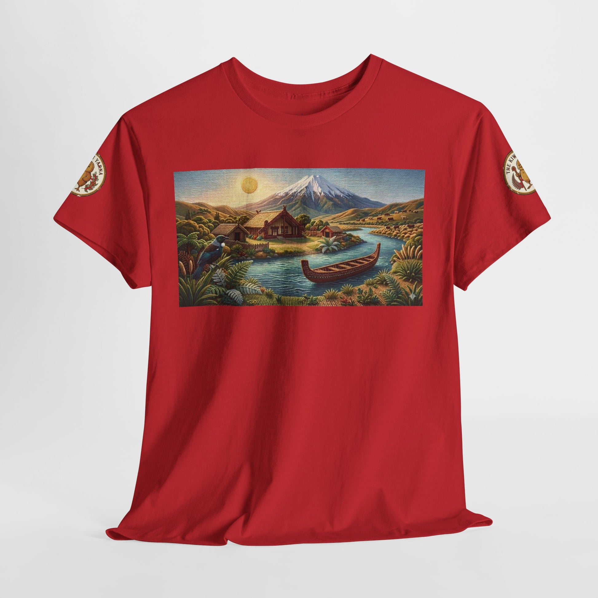 Red crew-neck T-shirt with front rectangular landscape canoe graphic and sleeve badges