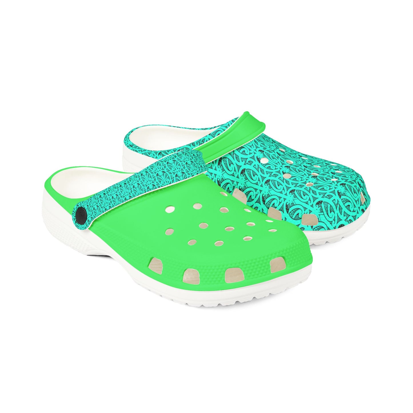 Neon green and teal slip-on clog with perforated top and white sole