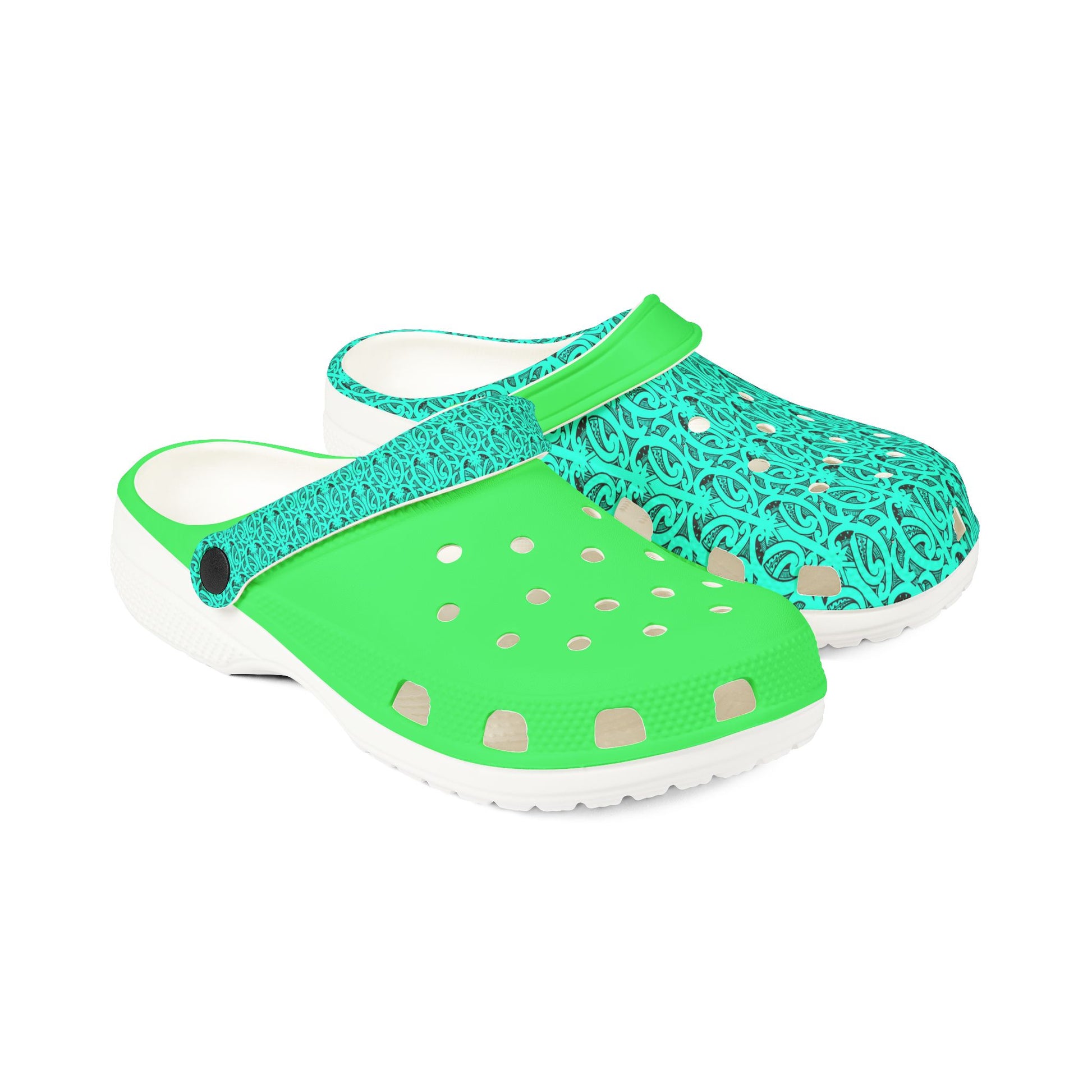 Neon green and teal slip-on clog with perforated top and white sole