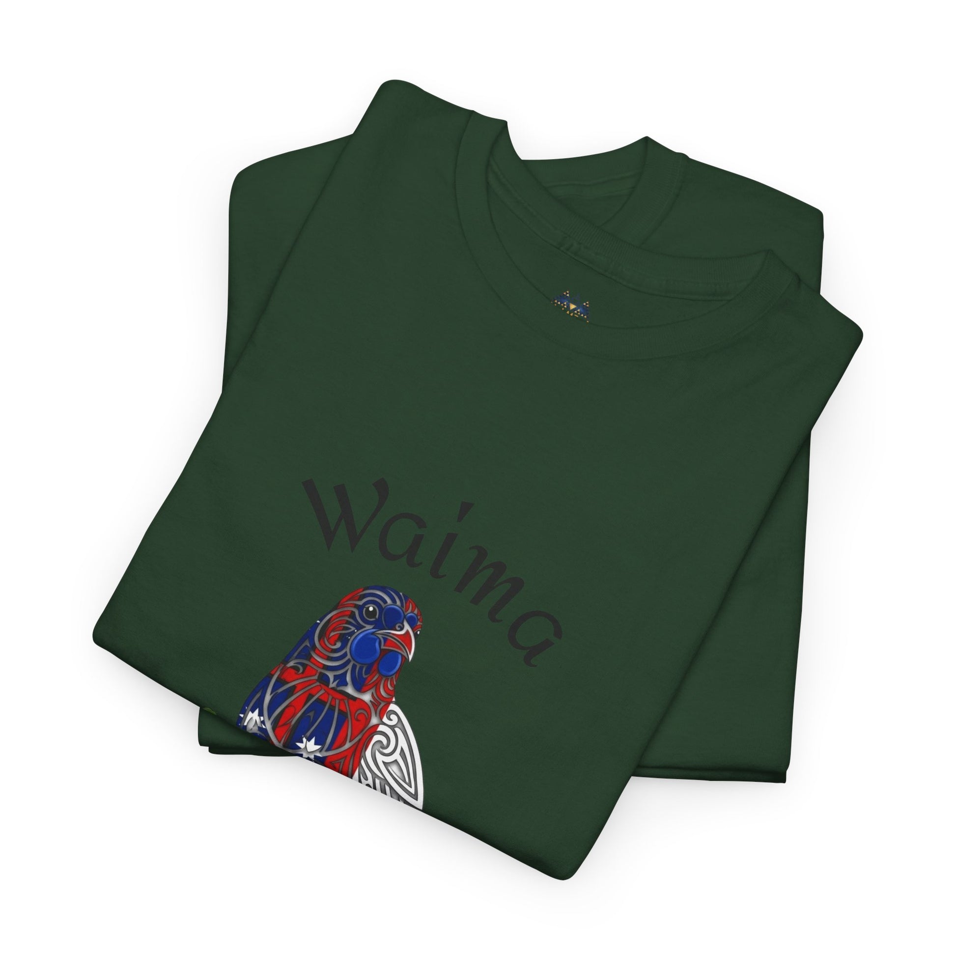 Dark green T-shirt folded with bird graphic and faint text on front