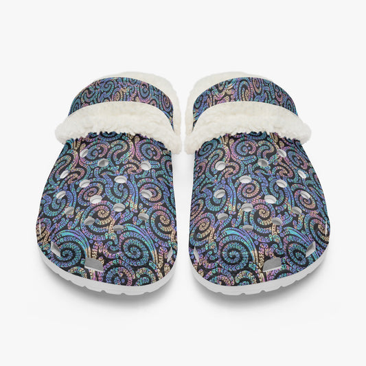 PAUA slip-on slippers, blue paisley upper with white sherpa trim, front view